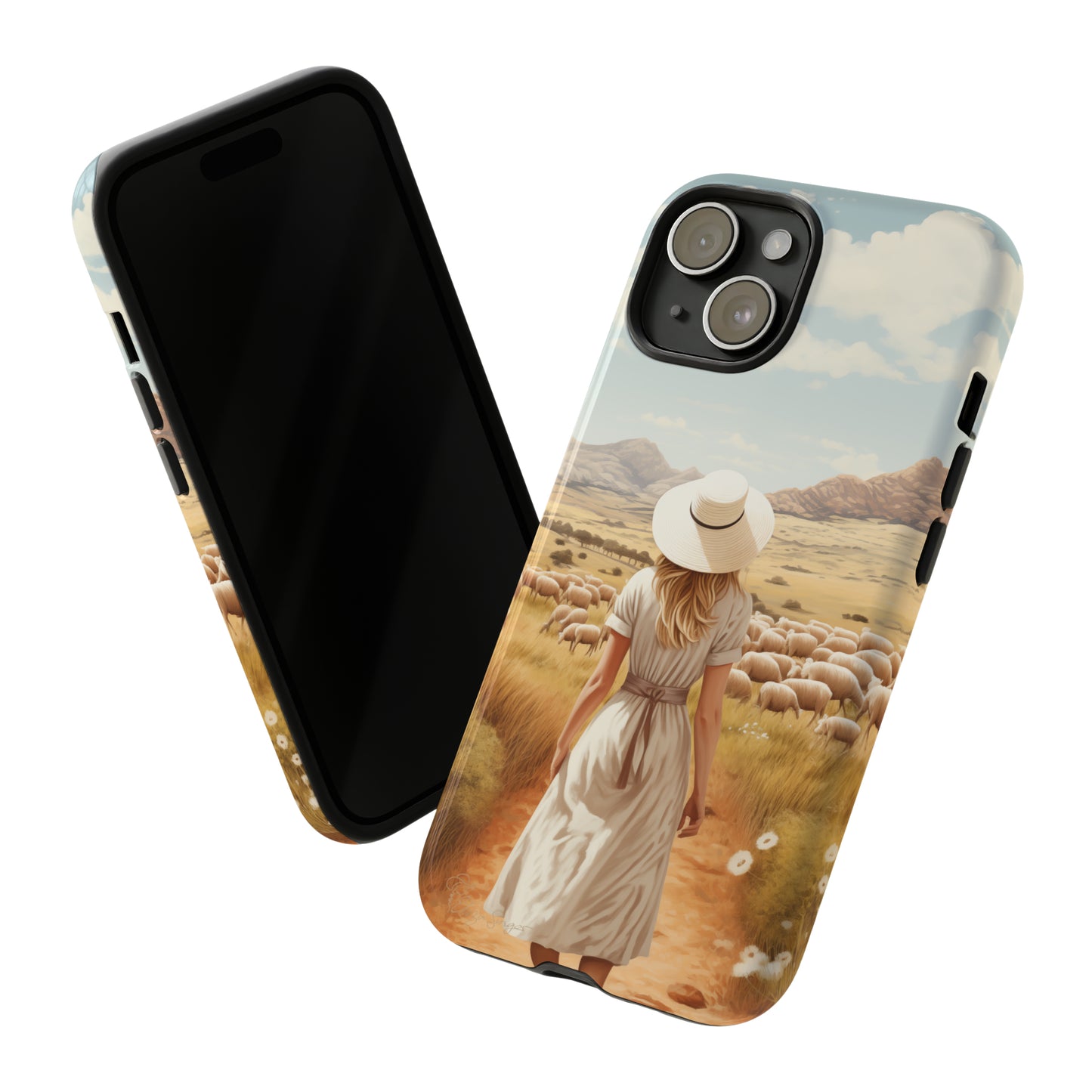 Dreamy Nostalgia: Immerse yourself in a vintage painted landscape with our Tough Western Cell Phone Case. Adorned with a woman in a hat strolling through a prairie with sheep, this edition captures the magic of the past. Elevate your phone with timeless charm. #ElizaSinger #PhoneCase