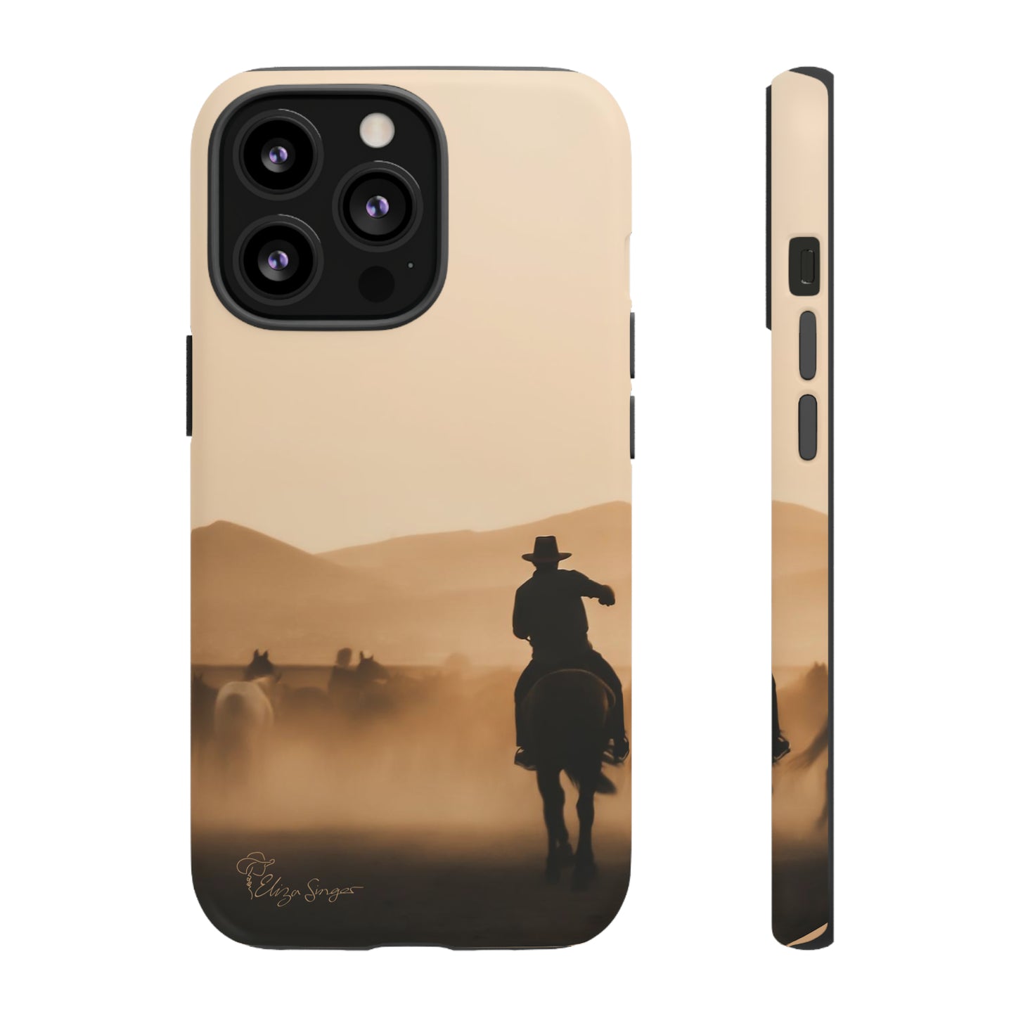 Capture the Western Spirit: Horse Art Western Photo Yellowstone Design iPhone Tough Protective Cover. Featuring a Cowboy amidst Mountains and Buckskin hues. Compatible with iPhone 15, 14, 13, XS, XR Pro/Max/Mini/P/Plus. Bring the Wild West to Your Device with Style and Durability. #ElizaSinger #PhoneCase #WesternDesign