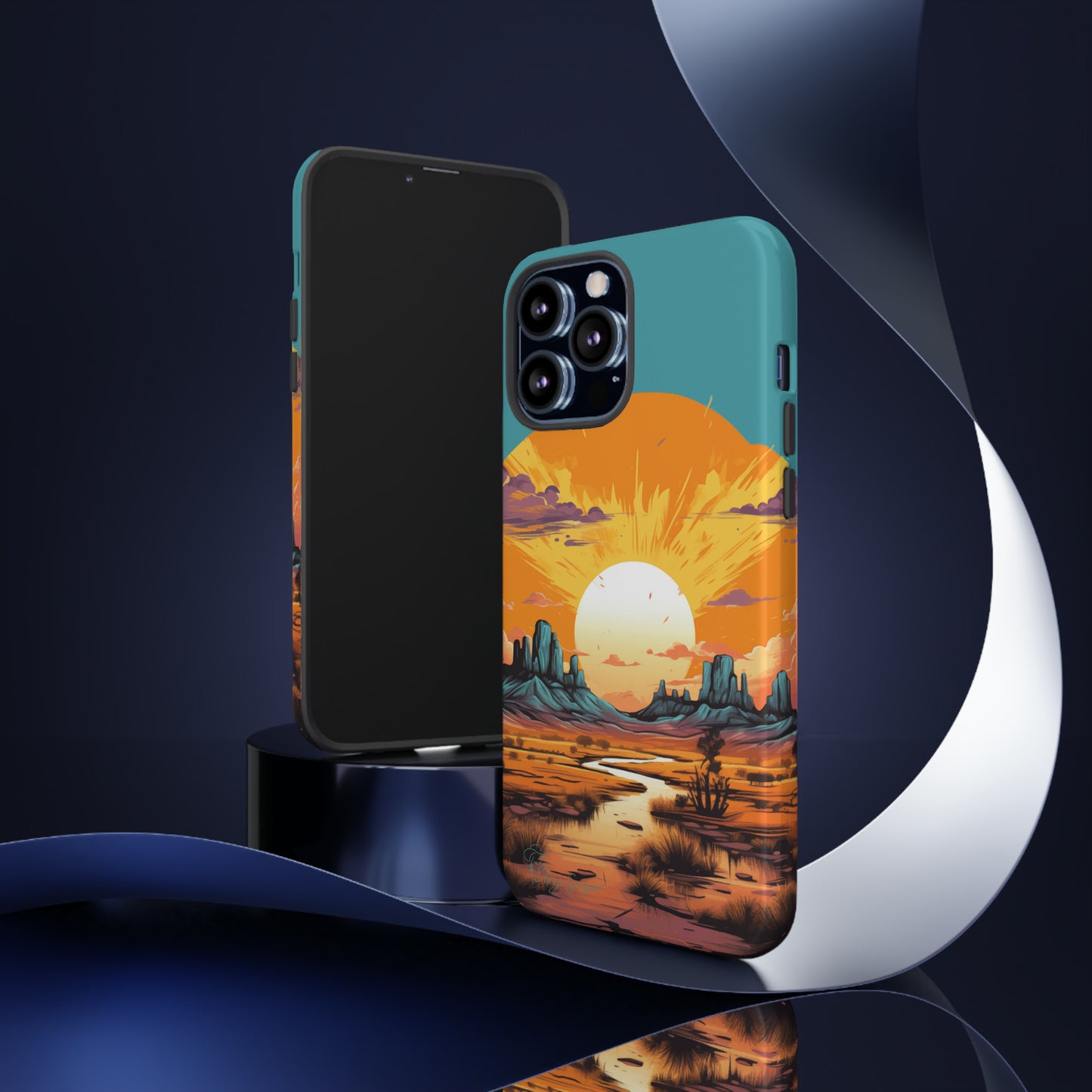 Introducing our Tough Western Cell Phone Case: Turquoise Twilight Oasis Edition! This captivating design showcases a serene landscape with a turquoise background and a mesmerizing setting sun. Enjoy the perfect blend of rugged protection and artistic flair.