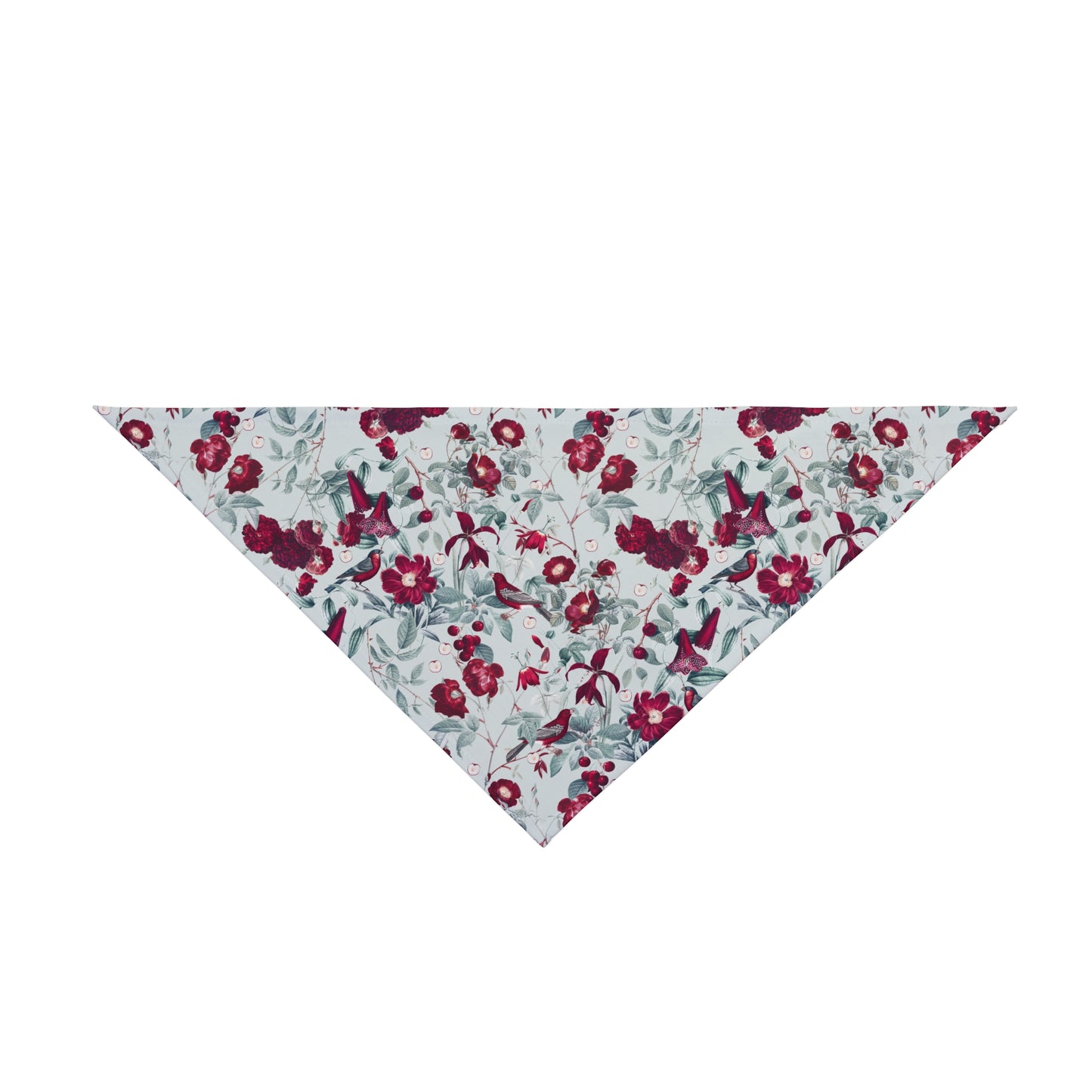 Embrace the beauty of nature with our Cherry Blossom Serenade Dog Bandana/Wild Rag. Burgundy cherry blossoms and birds on a very light grayish blue background create a serene and elegant look. Crafted from soft-spun polyester, this wild rag ensures comfort and style. Also available for humans, exclusively at Eliza Singer.