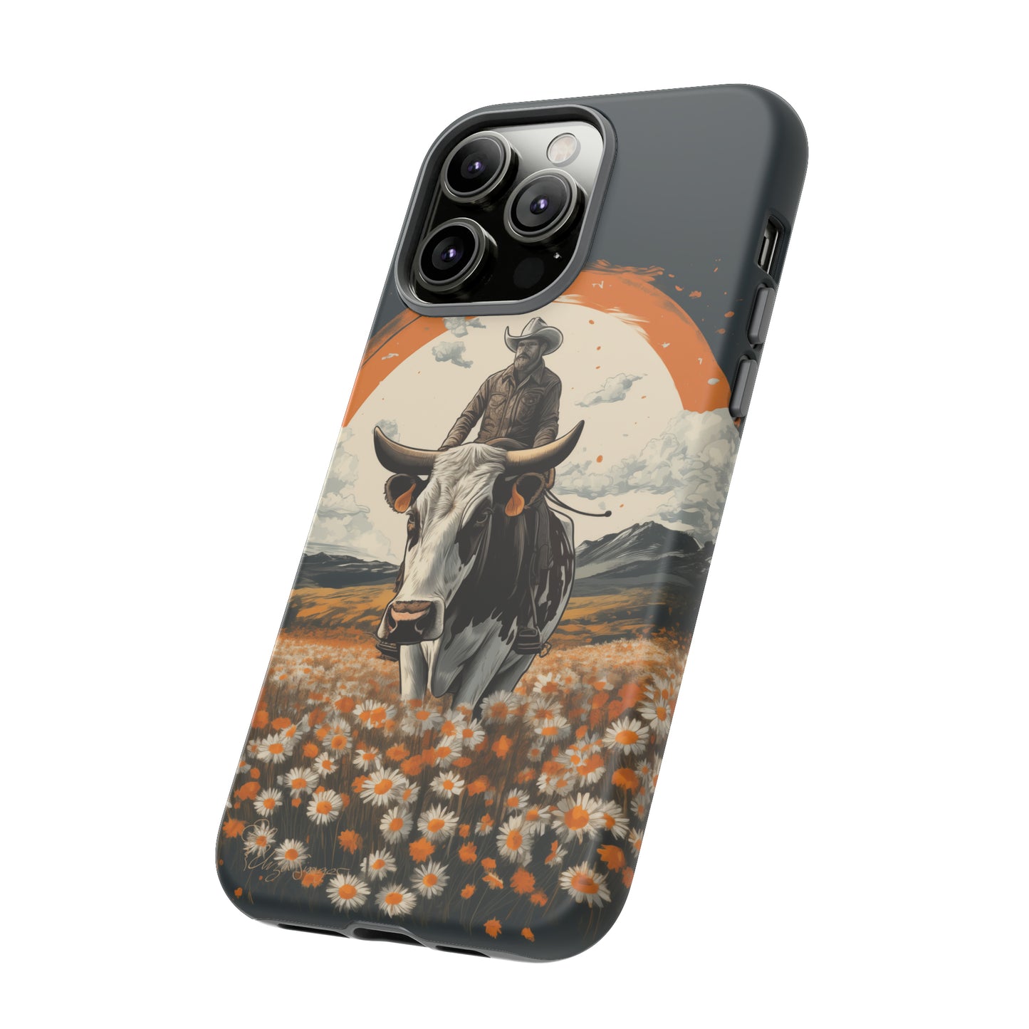 Meet 'Rugged Wrangler': Introducing our Tough Western Cell Phone Case. This unique design seamlessly combines rugged protection with a touch of whimsy, showcasing a fearless cowboy astride a dairy cow amidst a field of vibrant daisies. Elevate your style with this adventurous and protective accessory. #ElizaSinger #PhoneCase #RuggedWrangler