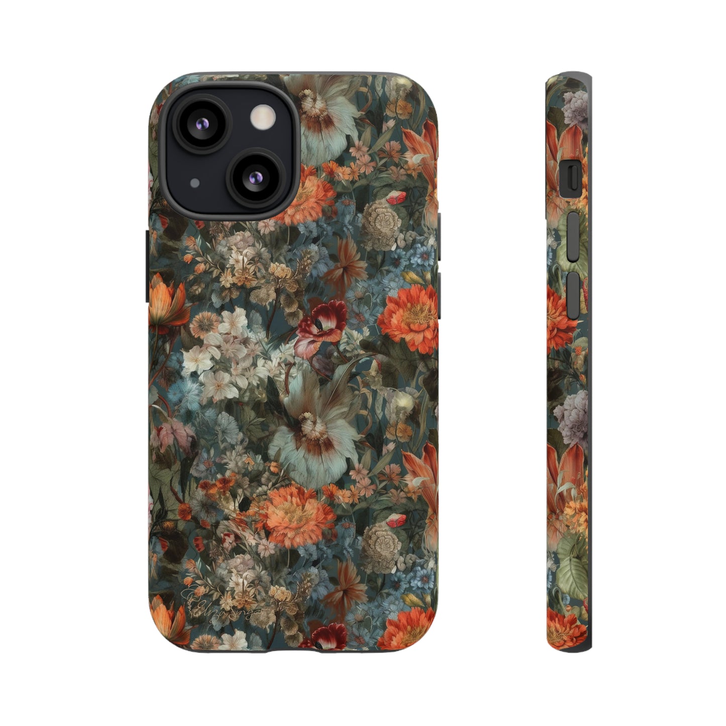 Blooms in Shadows: Botany Floral Dark Flowers iPhone Tough Protective Cover. A captivating blend of Flowers in muted colors, compatible with iPhone 15, 14, 13, XS, XR Pro/Max/Mini/P/Plus. Unleash Nature's Elegance with Durability and Style. #ElizaSinger #PhoneCase #FloralDesign