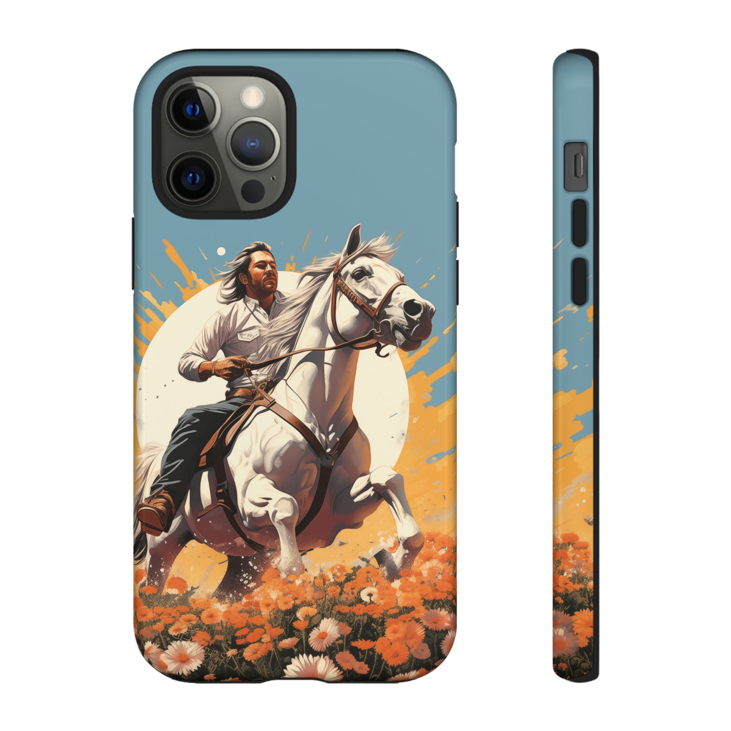 Retro Radiance Unleashed: Behold our Tough Western Cell Phone Case, featuring a vintage white horse and male rider on a vibrant turquoise backdrop. Set in a field of flowers with the sun casting a warm glow, this edition seamlessly blends style with protection. Embrace the past with this retro and stylish accessory. #ElizaSinger #PhoneCase #RetroRadiance