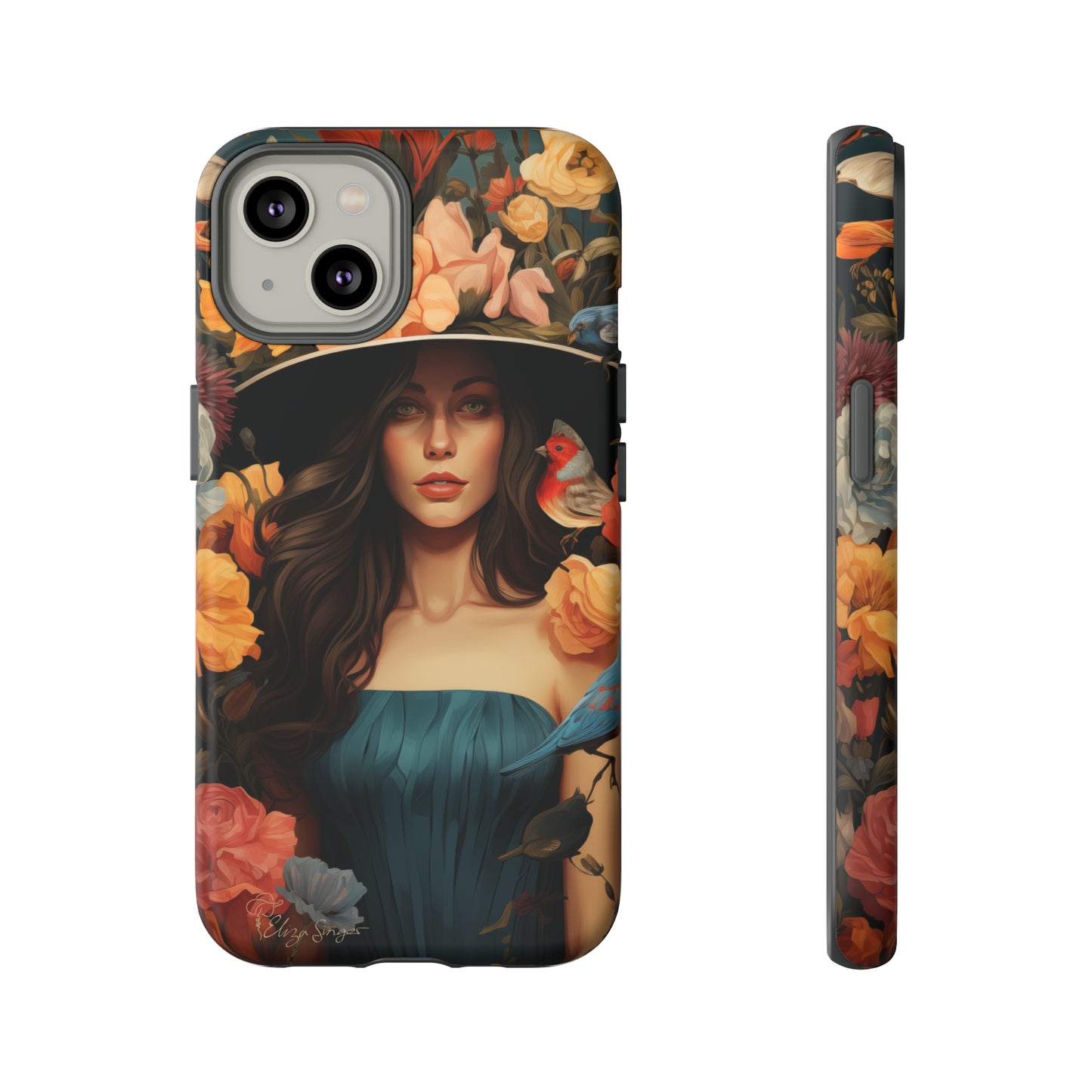 Dark Elegance Unveiled: Explore our Tough Cell Phone Case with a captivating dark background and a woman adorned with a hat amid blooming flowers. This edition seamlessly blends sophistication with robust protection, showcasing the allure of dark elegance. Elevate your style and shield your device. #ElizaSinger #PhoneCase #ElegantProtection