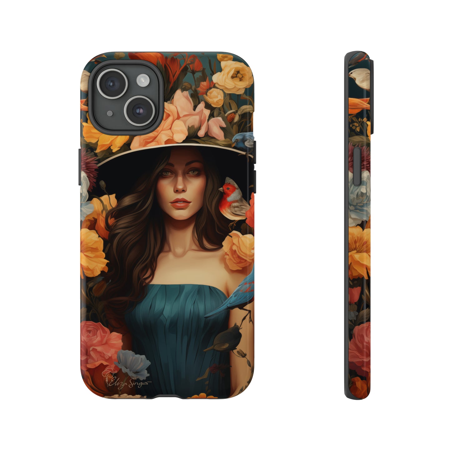 Dark Elegance Unveiled: Explore our Tough Cell Phone Case with a captivating dark background and a woman adorned with a hat amid blooming flowers. This edition seamlessly blends sophistication with robust protection, showcasing the allure of dark elegance. Elevate your style and shield your device. #ElizaSinger #PhoneCase #ElegantProtection
