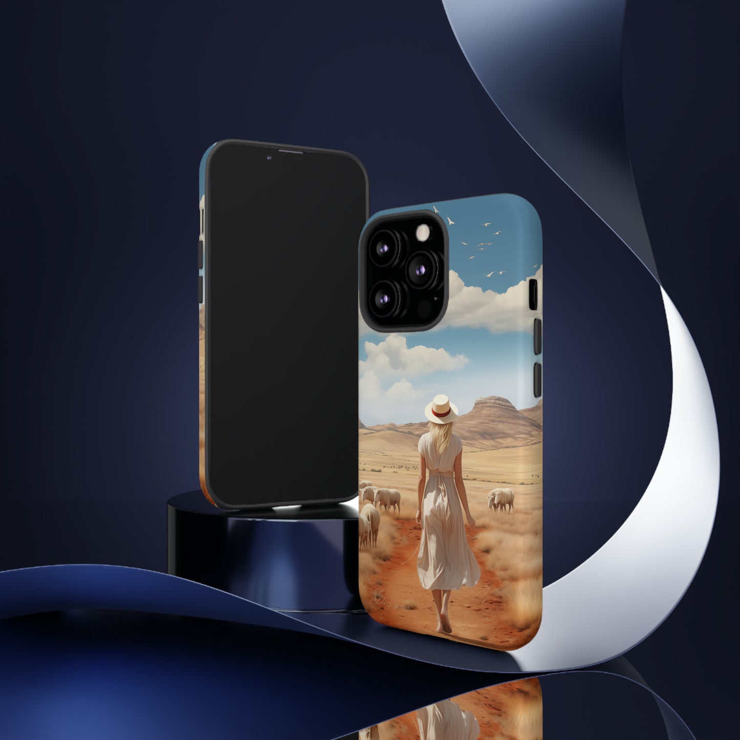 Serenity in Hand: Our Tough Western Cell Phone Case invites you to experience tranquility. A vintage painted design portrays a woman in a skirt and hat walking on a dirt road through a prairie, with grazing sheep. Let the vanishing horizon captivate your senses. Elevate your phone with timeless beauty. #ElizaSinger #PhoneCase
