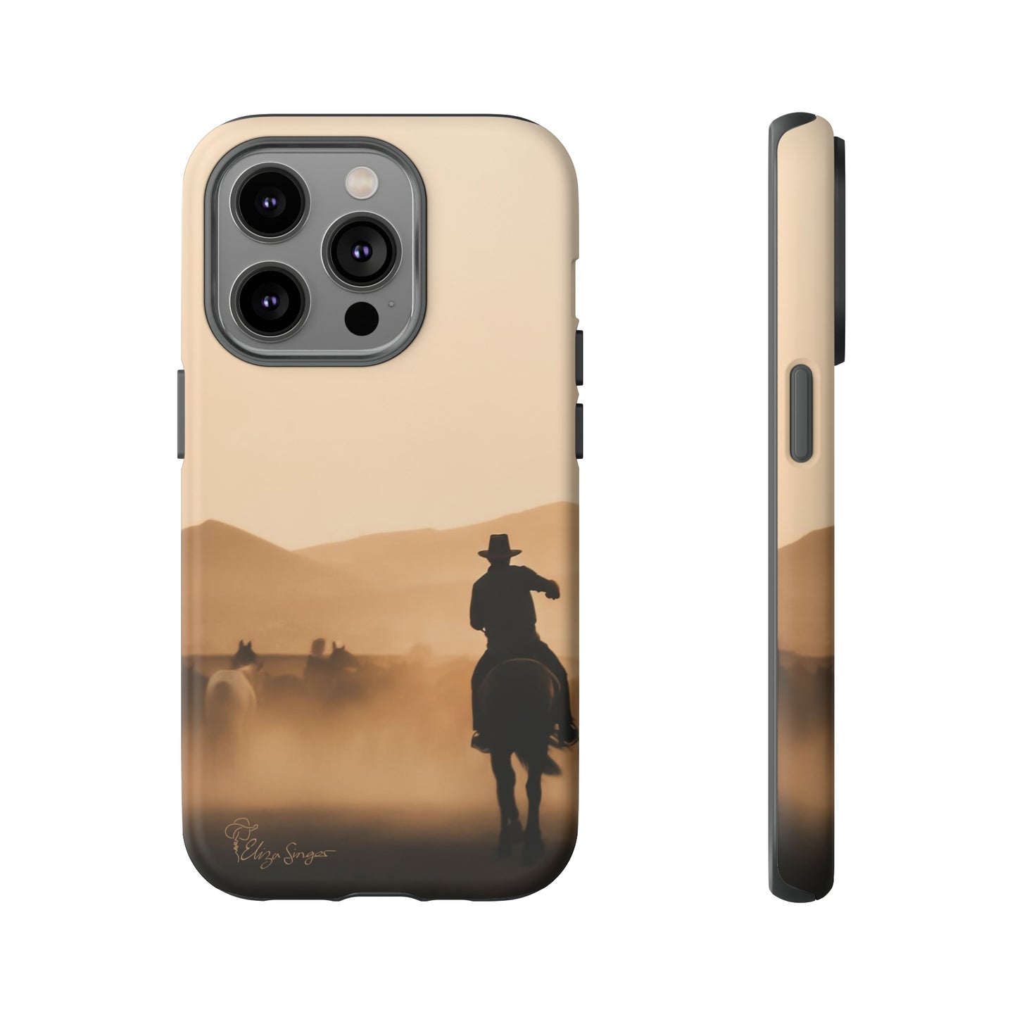 Capture the Western Spirit: Horse Art Western Photo Yellowstone Design iPhone Tough Protective Cover. Featuring a Cowboy amidst Mountains and Buckskin hues. Compatible with iPhone 15, 14, 13, XS, XR Pro/Max/Mini/P/Plus. Bring the Wild West to Your Device with Style and Durability. #ElizaSinger #PhoneCase #WesternDesign
