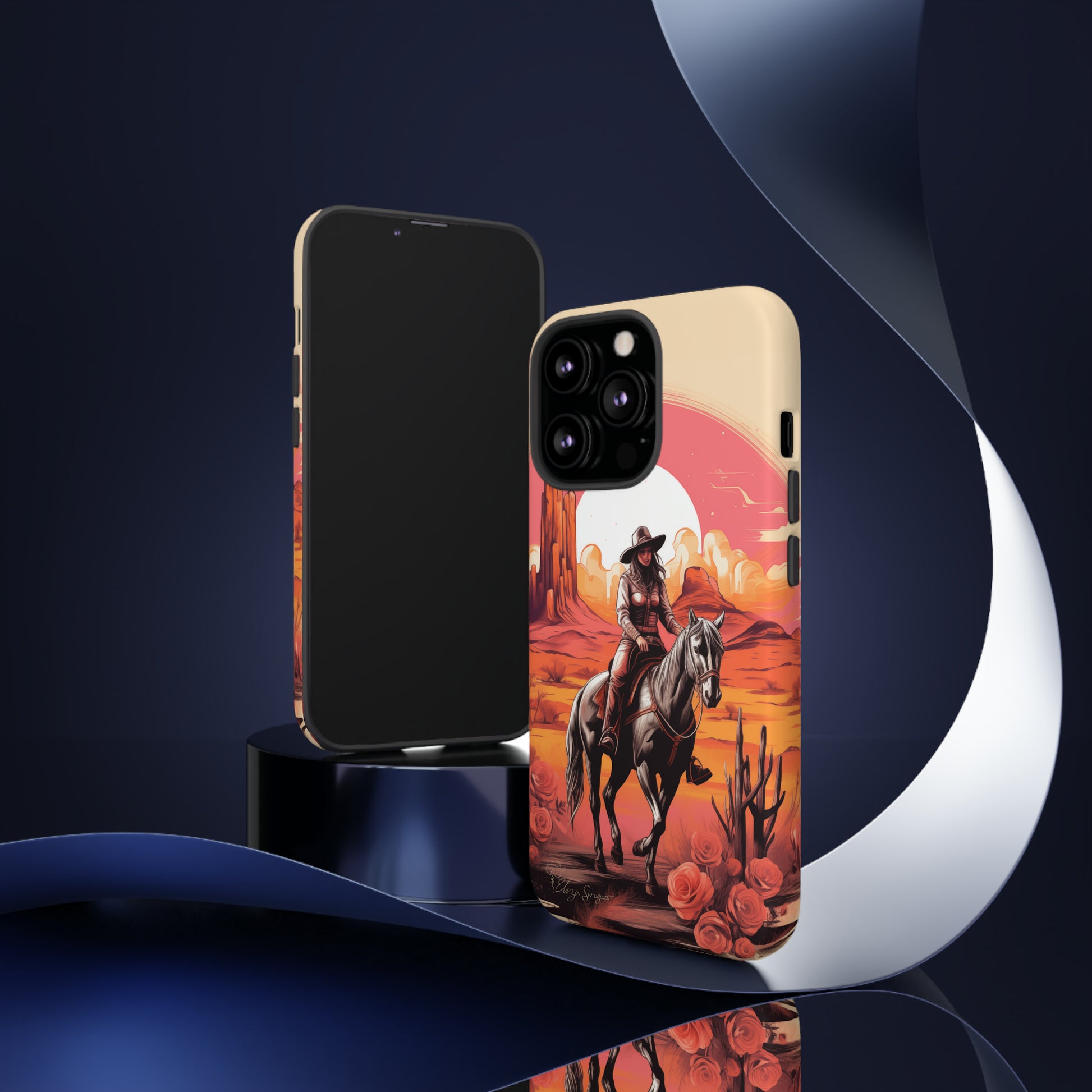 Feminine Adventure Unleashed: Introducing our Tough Western Cell Phone Case, adorned with a stunning design of a cowgirl riding a horse through the desert, surrounded by shades of coral. This unique edition seamlessly combines rugged protection with a touch of feminine flair. Elevate your style with a dash of adventurous charm. #ElizaSinger #PhoneCase #FeminineAdventure