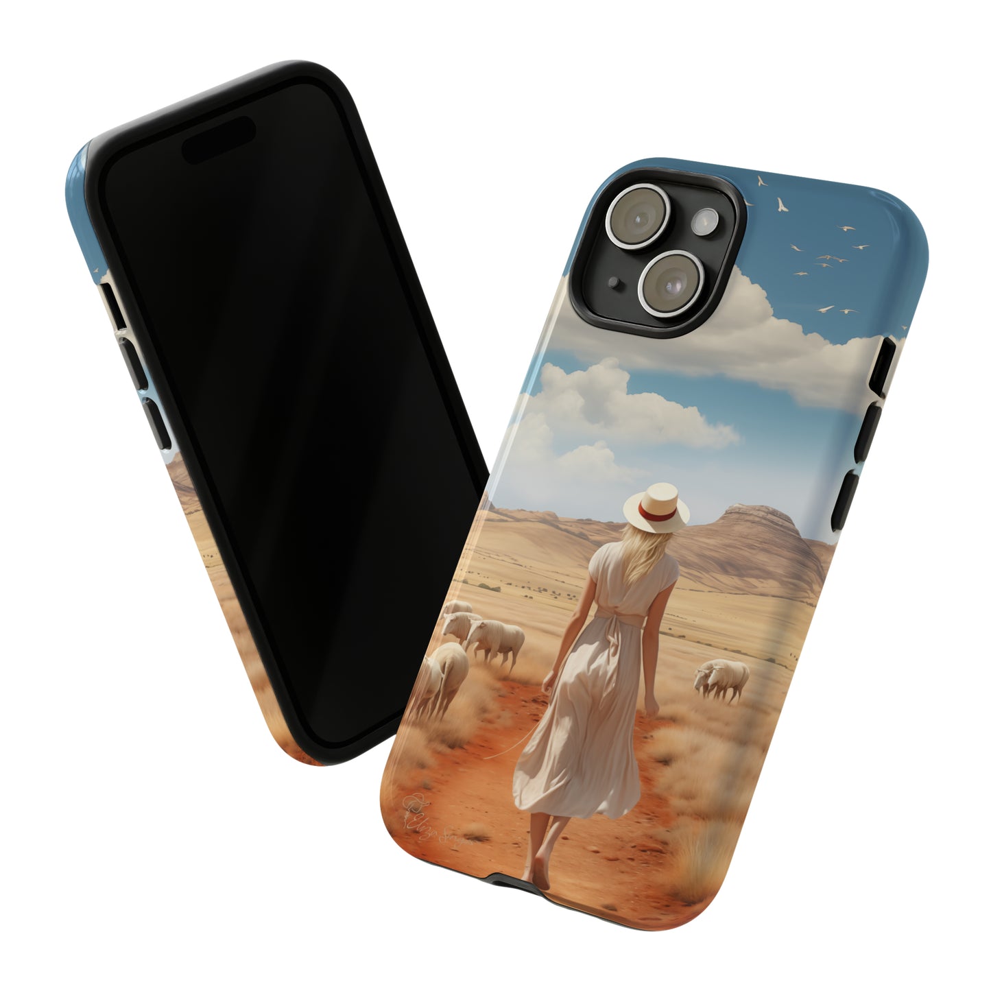 Serenity in Hand: Our Tough Western Cell Phone Case invites you to experience tranquility. A vintage painted design portrays a woman in a skirt and hat walking on a dirt road through a prairie, with grazing sheep. Let the vanishing horizon captivate your senses. Elevate your phone with timeless beauty. #ElizaSinger #PhoneCase