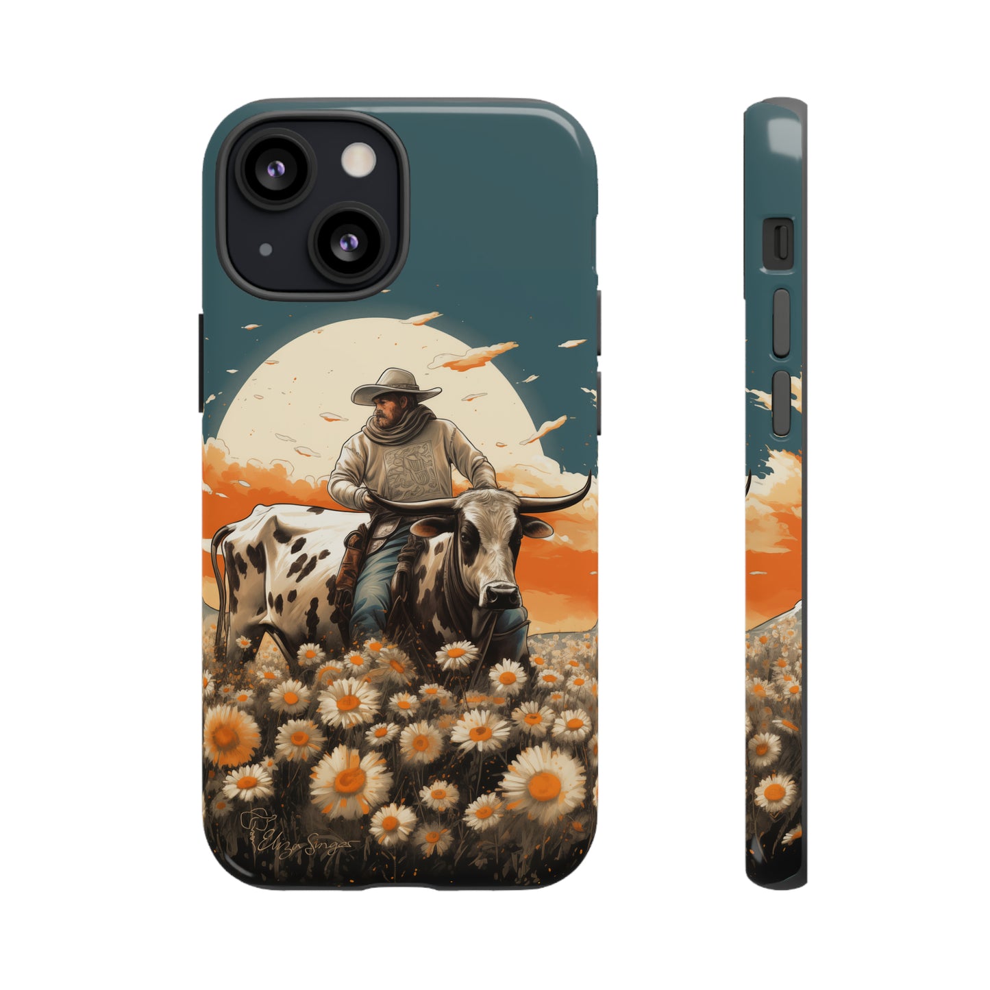 Harmony of Contrasts: Dive into our Tough Cell Phone Case, a visual symphony featuring a bullrider on a black and white dairy cow amidst a vibrant field of flowers. This edition effortlessly merges toughness with artistic flair, offering a unique and captivating contrast. Elevate your phone with rugged elegance. #ElizaSinger #PhoneCase #ContrastHarmony