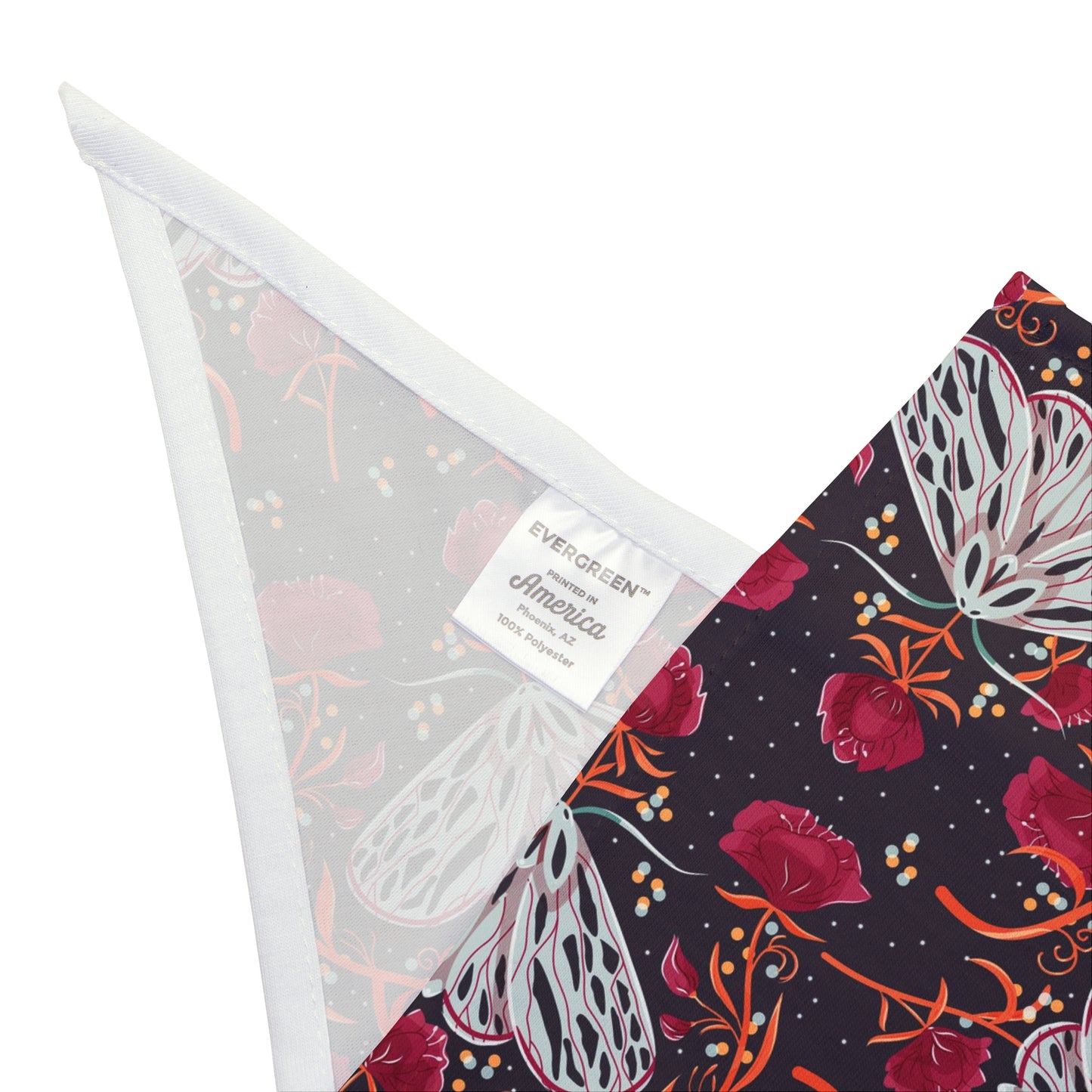 Unleash a touch of mystery with our Night Moth Dog Bandana/Wild Rag. The beautiful dark navy background adorned with grey moths, burgundy flowers, and orange-y branches creates an enchanting and captivating look. Crafted from soft-spun polyester, this wild rag ensures comfort and style. Make every outdoor escapade magical with this exclusive design, available only at Eliza Singer.