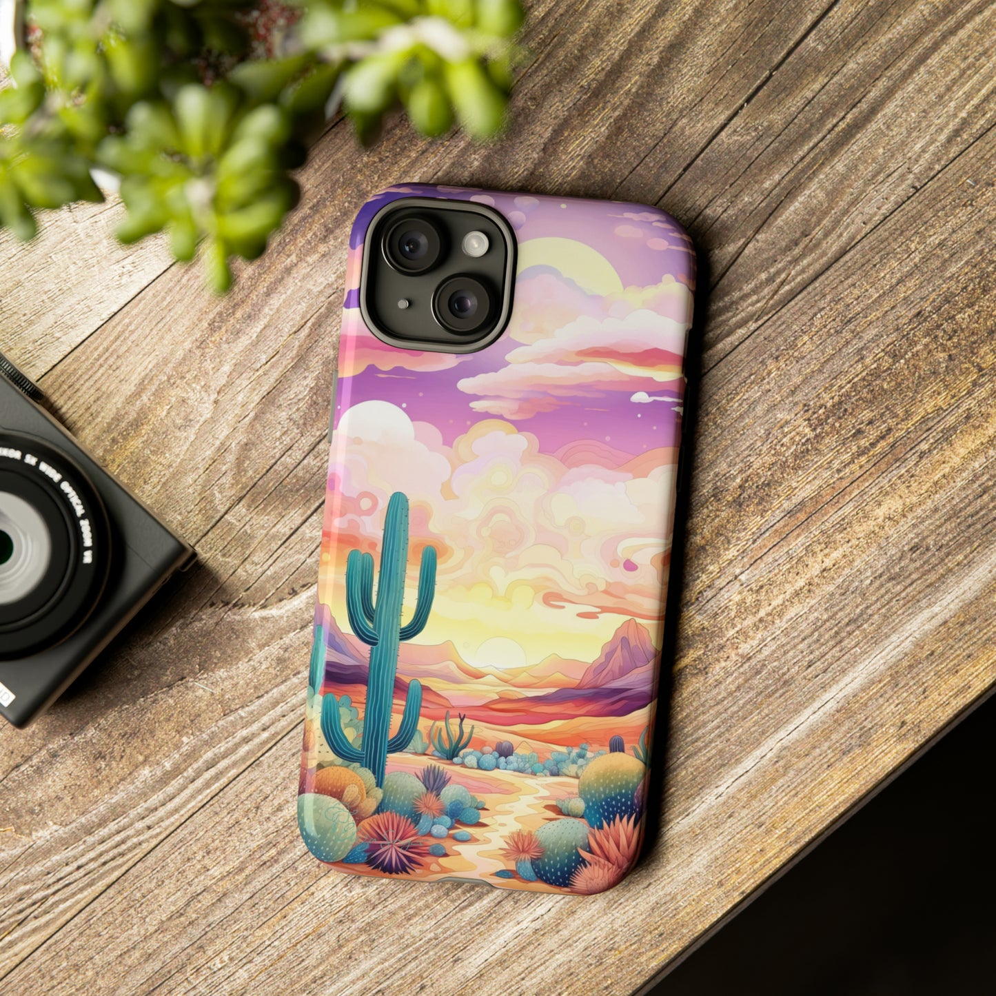 Introducing our Western Tough Cell Phone Case: Psychedelic Desert Dream Edition! Step into a surreal world with a psychedelic desert landscape, dreamy sky, and cactus. This case combines rugged protection with a touch of otherworldly charm.