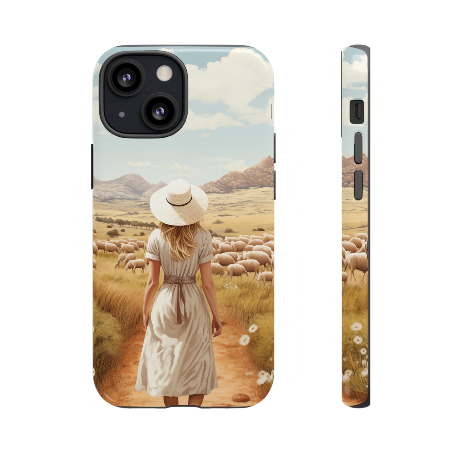 Dreamy Nostalgia: Immerse yourself in a vintage painted landscape with our Tough Western Cell Phone Case. Adorned with a woman in a hat strolling through a prairie with sheep, this edition captures the magic of the past. Elevate your phone with timeless charm. #ElizaSinger #PhoneCase