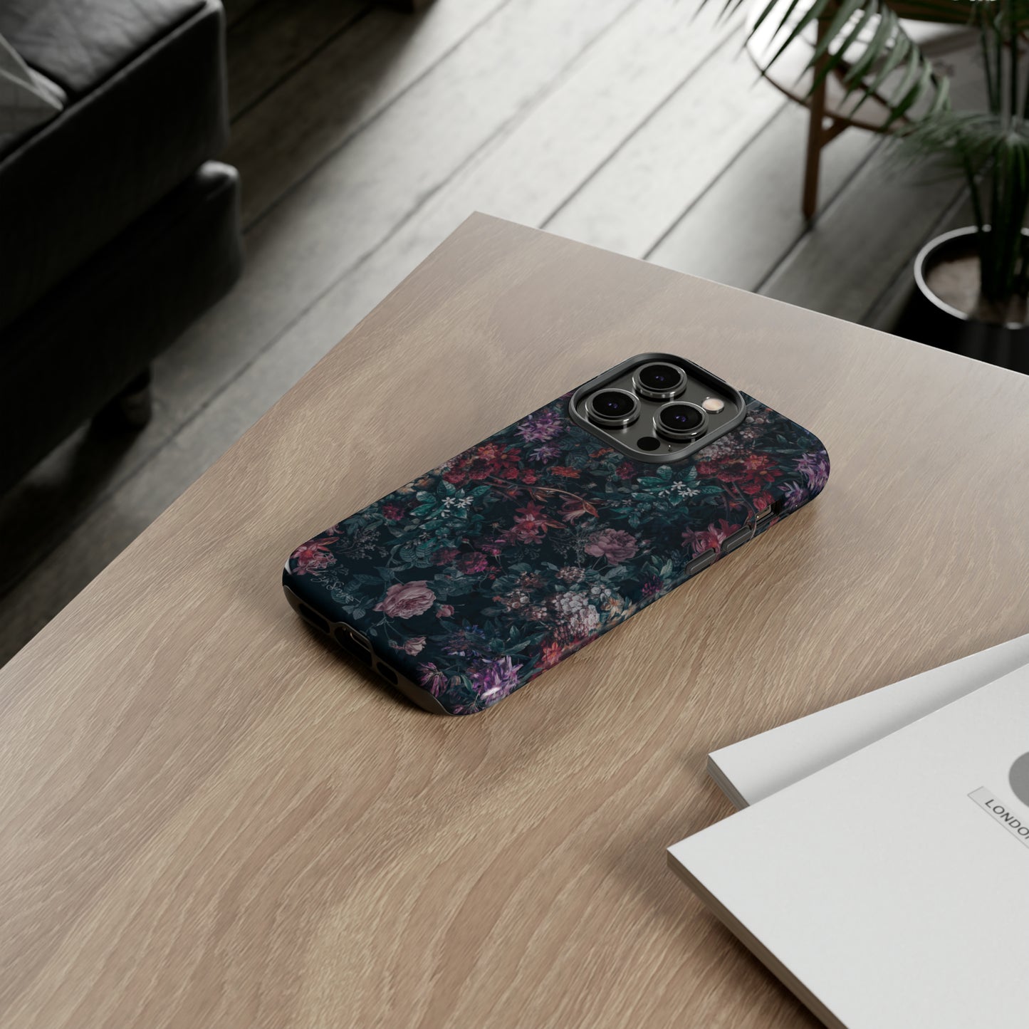 Blooms in Shadows: Botany Floral Dark iPhone Tough Protective Cover. A captivating blend of Flowers in a muted design, compatible with iPhone 15, 14, 13, 12, 11, XS, XR Pro/Max/Mini/P/Plus. Unleash Nature's Elegance with Durability and Style. #ElizaSinger #PhoneCase #FloralDesign