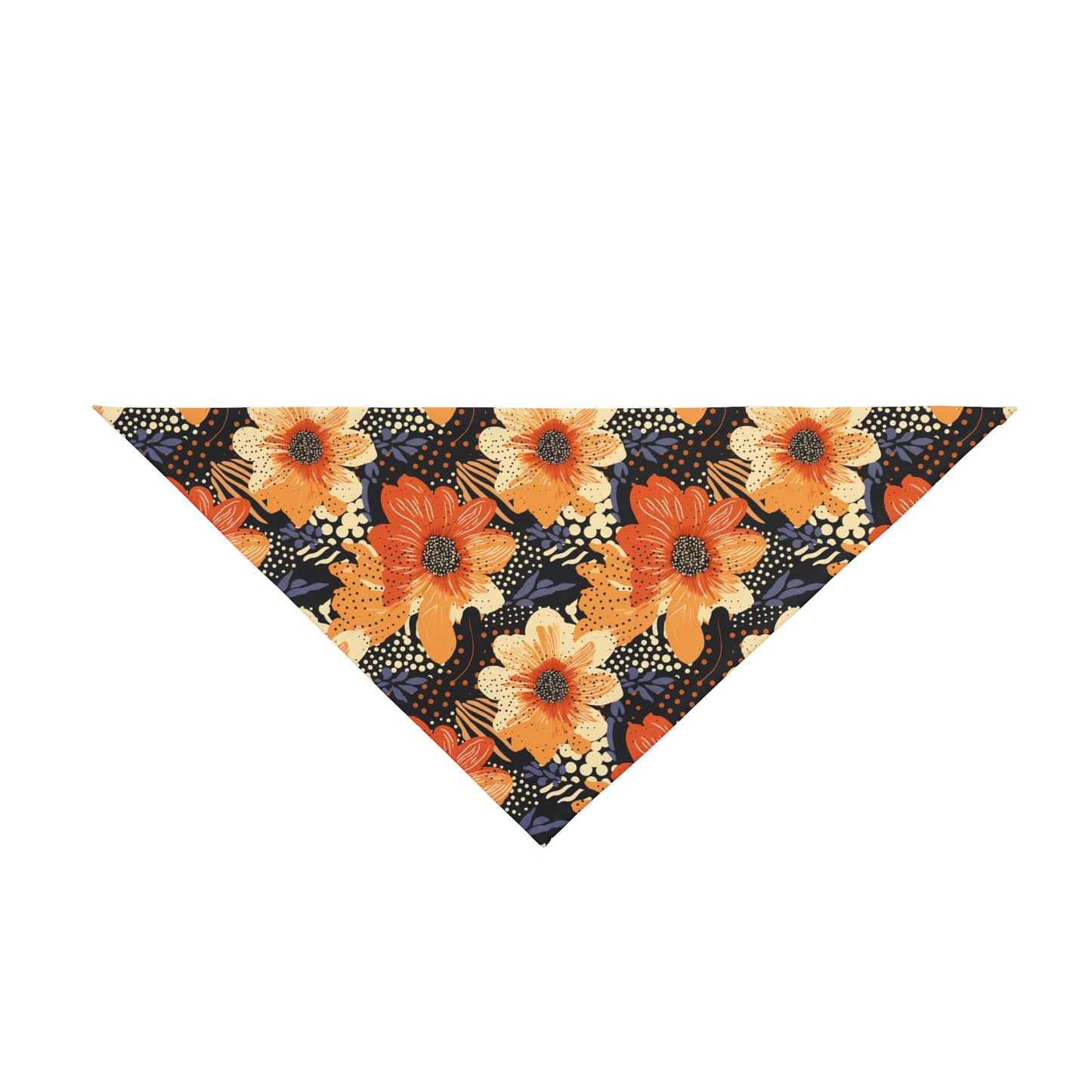 Add a touch of vibrancy to your dog's ensemble with our Abstract Sunset Dog Bandana/Wild Rag. The abstract shades of orange flowers on a black background, with small texture details like polka dots, create a lively and artistic look. Crafted from soft-spun polyester, this wild rag ensures comfort and style. Make a bold statement on every adventure with this exclusive design, available only at Eliza Singer.