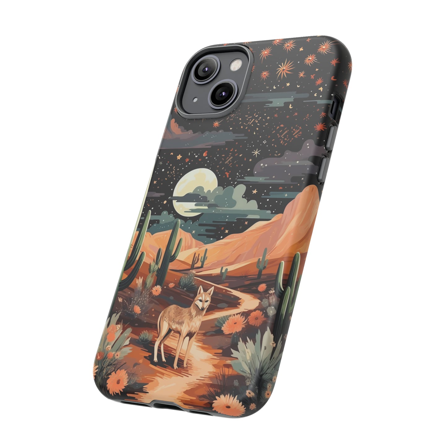 Unveiling our Tough Western Cell Phone Case: Stellar Desert Jackal Edition! Embrace the beauty of the night with a jackal in a desert landscape, under a starry sky, surrounded by cacti. This case provides rugged protection with a touch of celestial elegance.