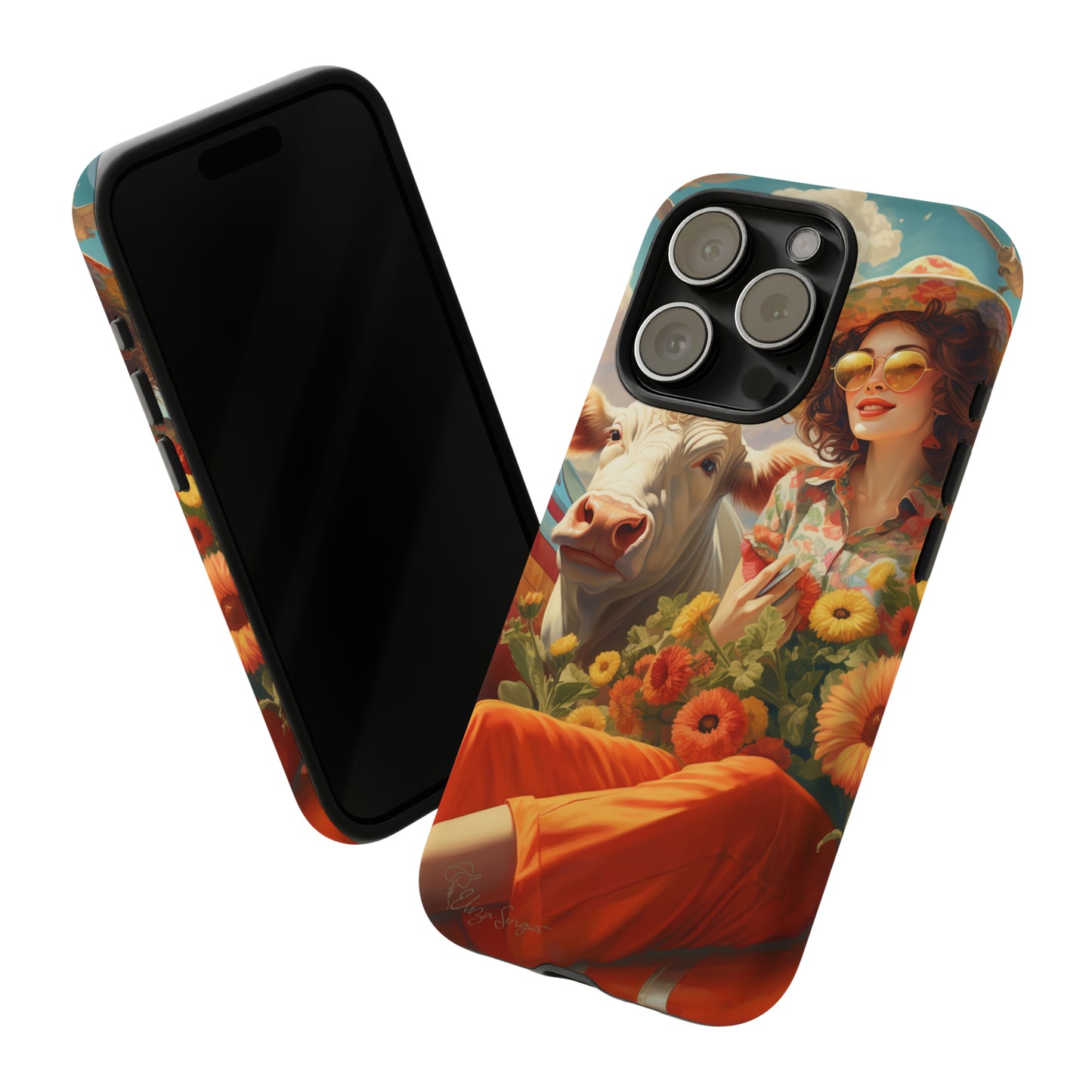 Timeless Retro Charm: Step back in time with our Tough Western Cell Phone Case. Featuring a vintage and bright design, a woman in a hat with daisies is accompanied by a cow looking over her shoulder. Experience the perfect blend of retro aesthetics and durability. Elevate your style with a touch of nostalgia. #ElizaSinger #PhoneCase #RetroStyle