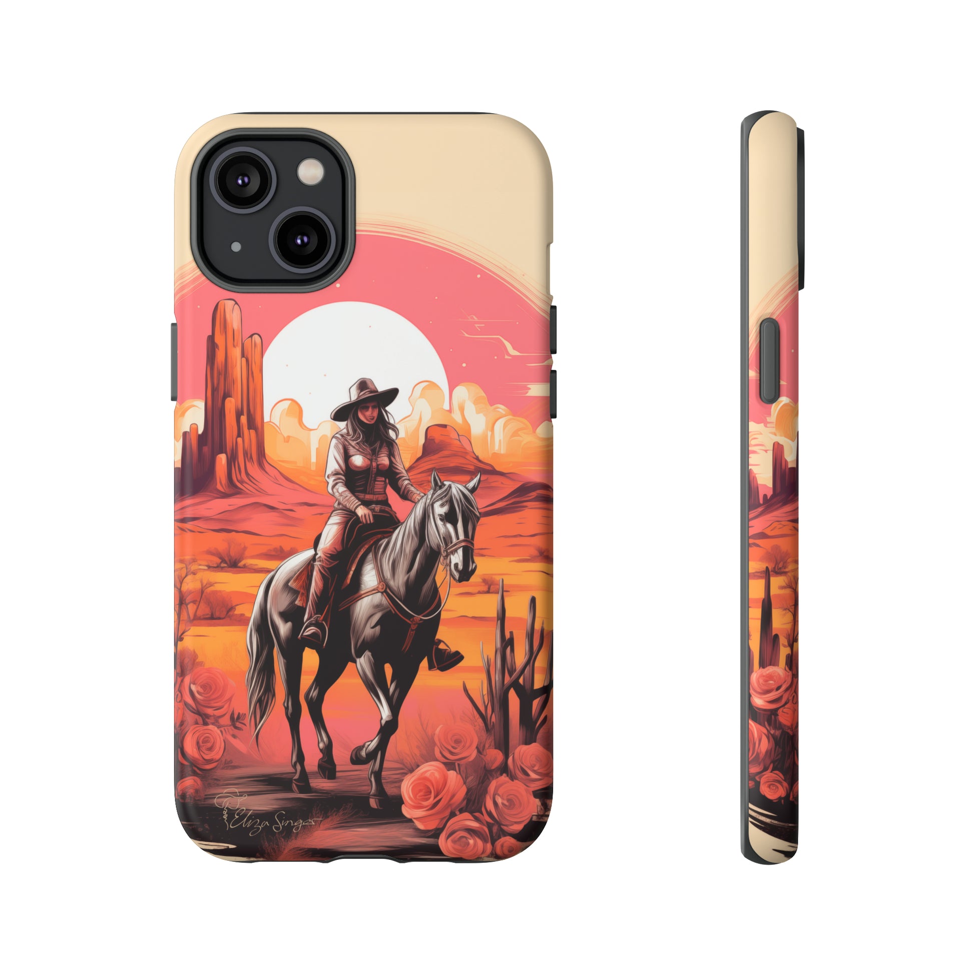 Feminine Adventure Unleashed: Introducing our Tough Western Cell Phone Case, adorned with a stunning design of a cowgirl riding a horse through the desert, surrounded by shades of coral. This unique edition seamlessly combines rugged protection with a touch of feminine flair. Elevate your style with a dash of adventurous charm. #ElizaSinger #PhoneCase #FeminineAdventure