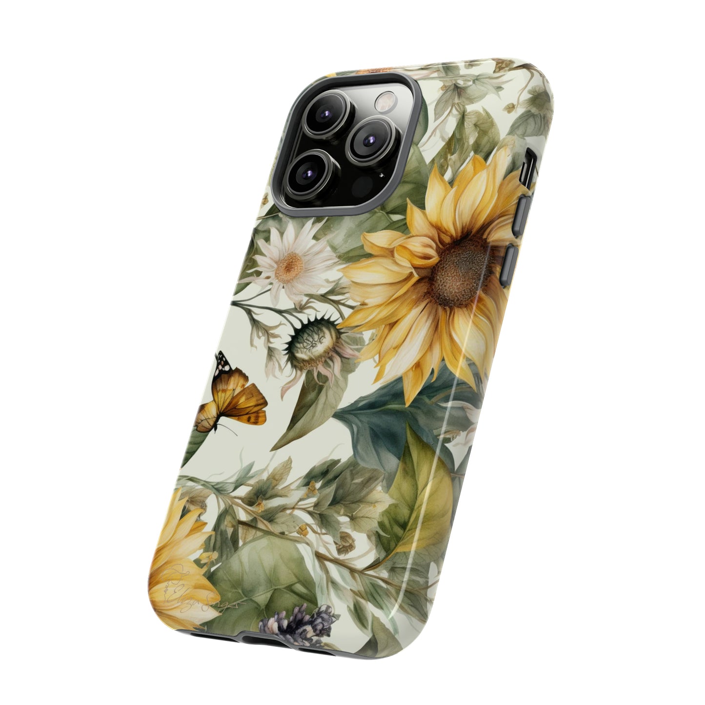 Bask in Sunshine: Beautiful Sunflower Floral iPhone Tough Protective Cover. A charming blend of Flower and Sunflowers in a cottage core style, compatible with iPhone 15, 14, 13, XS, XR Pro/Max/Mini/P/Plus. Elevate Your Device with Nature's Beauty and Durability. #ElizaSinger #PhoneCase #FloralDesign
