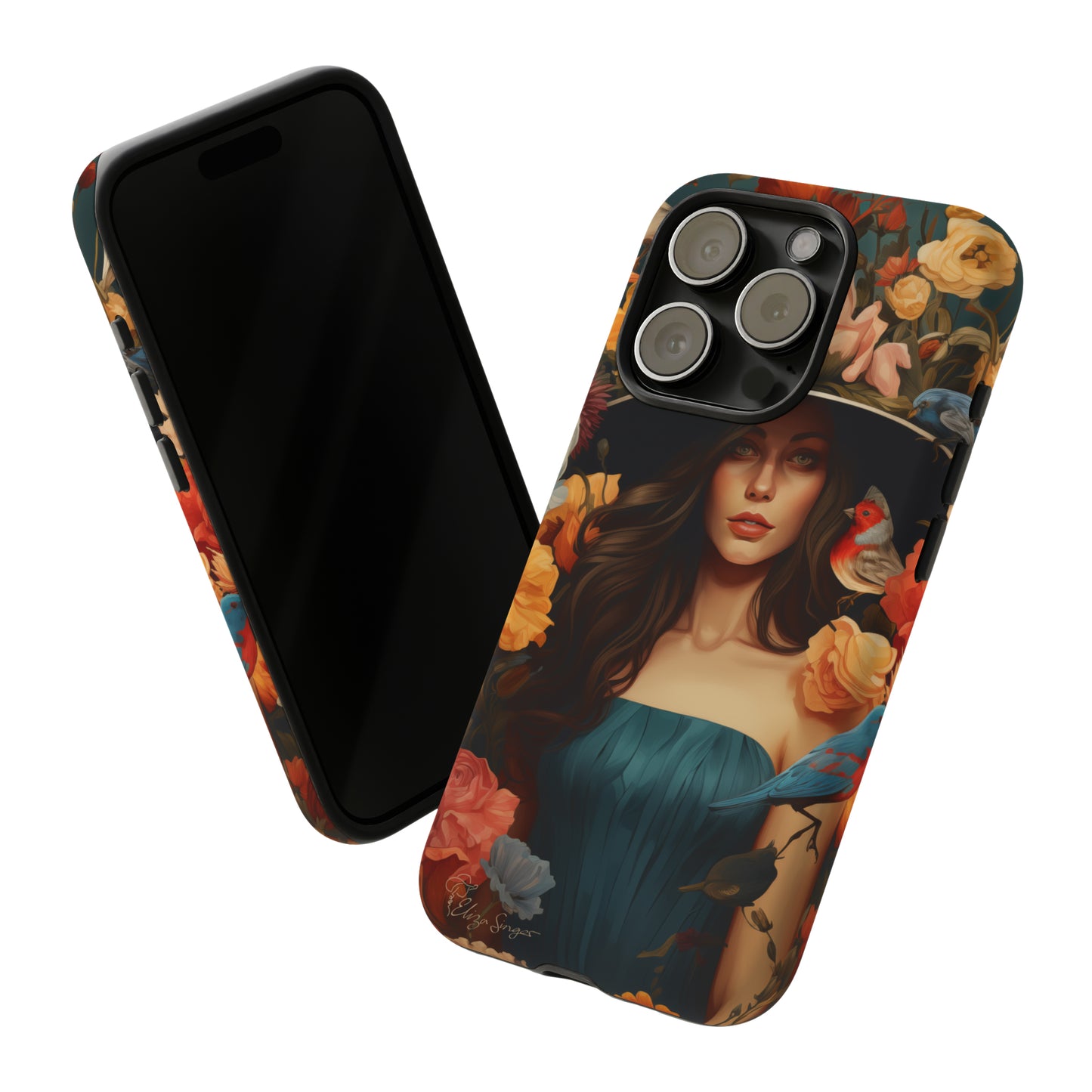Dark Elegance Unveiled: Explore our Tough Cell Phone Case with a captivating dark background and a woman adorned with a hat amid blooming flowers. This edition seamlessly blends sophistication with robust protection, showcasing the allure of dark elegance. Elevate your style and shield your device. #ElizaSinger #PhoneCase #ElegantProtection