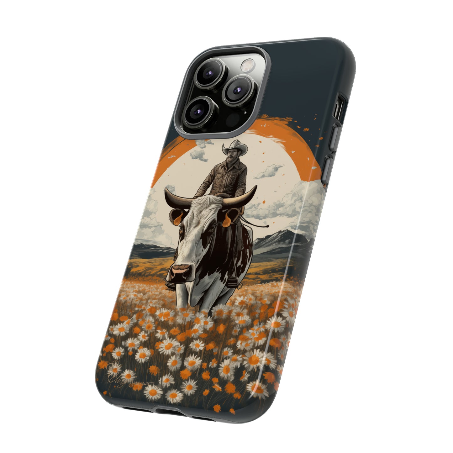 Meet 'Rugged Wrangler': Introducing our Tough Western Cell Phone Case. This unique design seamlessly combines rugged protection with a touch of whimsy, showcasing a fearless cowboy astride a dairy cow amidst a field of vibrant daisies. Elevate your style with this adventurous and protective accessory. #ElizaSinger #PhoneCase #RuggedWrangler