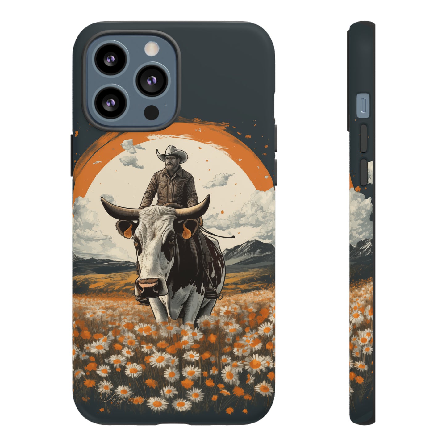 Meet 'Rugged Wrangler': Introducing our Tough Western Cell Phone Case. This unique design seamlessly combines rugged protection with a touch of whimsy, showcasing a fearless cowboy astride a dairy cow amidst a field of vibrant daisies. Elevate your style with this adventurous and protective accessory. #ElizaSinger #PhoneCase #RuggedWrangler