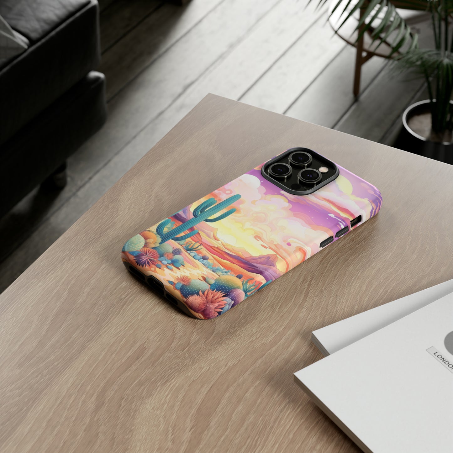 Introducing our Western Tough Cell Phone Case: Psychedelic Desert Dream Edition! Step into a surreal world with a psychedelic desert landscape, dreamy sky, and cactus. This case combines rugged protection with a touch of otherworldly charm.