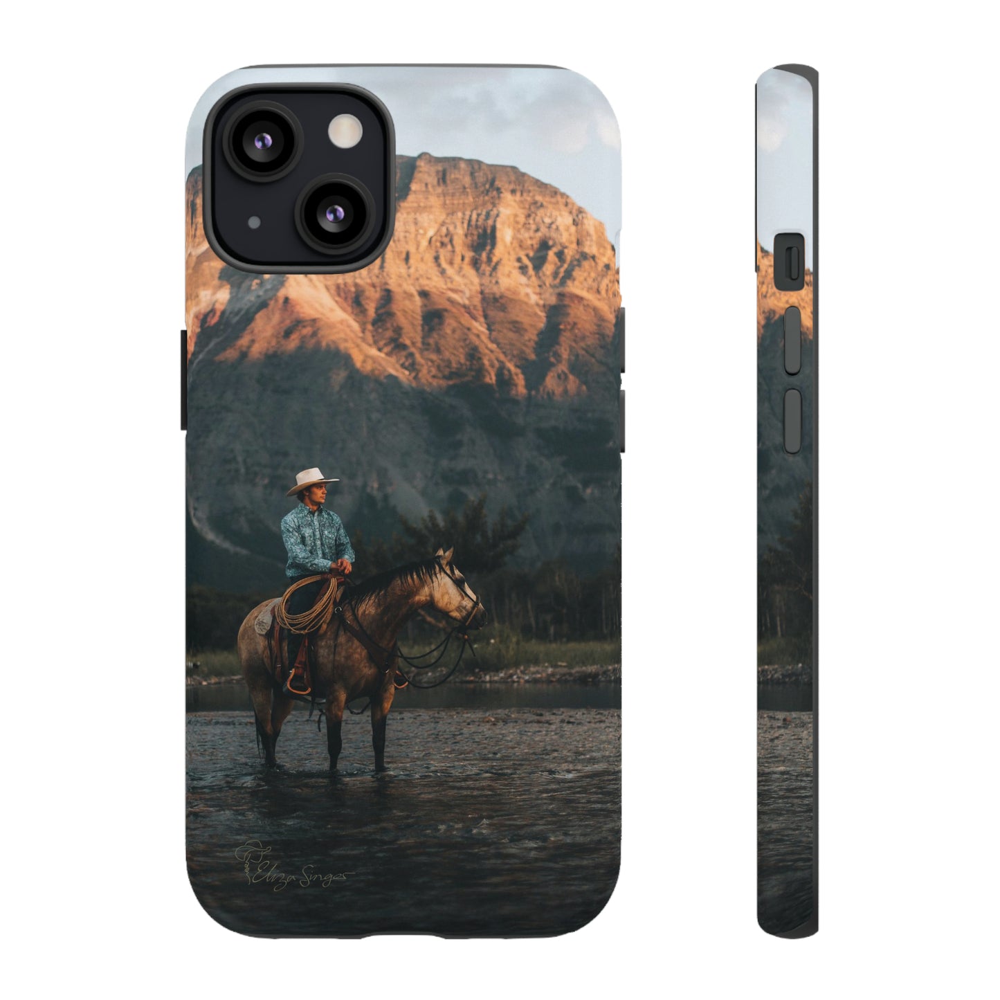 Capture the Wild: Horse Art Western Photo Yellowstone Design iPhone Tough Protective Cover. Featuring a Cowboy amidst Mountains and Buckskin hues, compatible with iPhone 15, 14, 13, XS, XR Pro/Max/Mini/P/Plus. Embrace the Spirit of the West with Style and Durability. #ElizaSinger #PhoneCase #WesternDesign