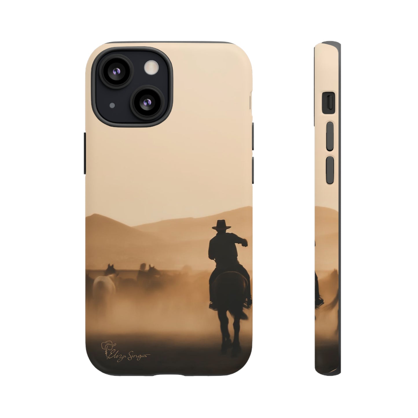 Capture the Western Spirit: Horse Art Western Photo Yellowstone Design iPhone Tough Protective Cover. Featuring a Cowboy amidst Mountains and Buckskin hues. Compatible with iPhone 15, 14, 13, XS, XR Pro/Max/Mini/P/Plus. Bring the Wild West to Your Device with Style and Durability. #ElizaSinger #PhoneCase #WesternDesign