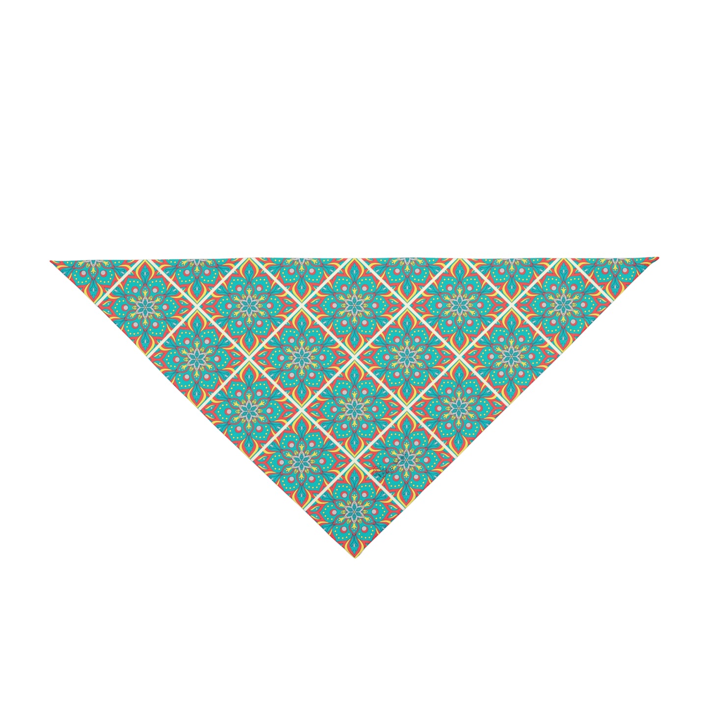 Elevate your dog's style with our Tiled Mandala Dog Bandana/Wild Rag. The turquoise, red, and yellow tiled mandala style design adds a touch of intricate elegance. Crafted from soft-spun polyester, this wild rag ensures comfort and durability. Make every stroll a stylish affair with this exclusive design, available only at Eliza Singer.