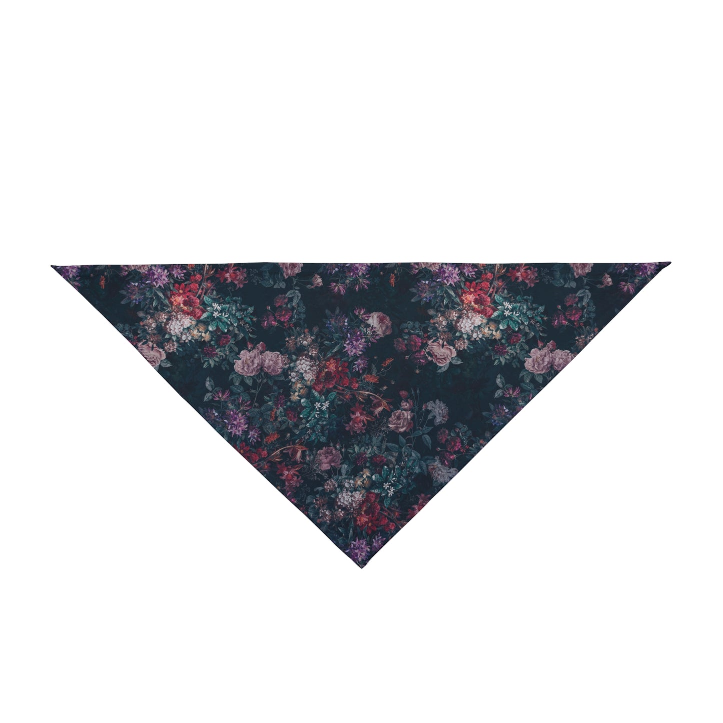 Take your pup on a journey through a Moody English Garden with our Dog Bandana/Wild Rag. Muted English garden style flowers in rich colors on a dark background create an elegant and sophisticated look. Crafted from soft-spun polyester, this wild rag ensures comfort and style. Also available for humans, exclusively at Eliza Singer.