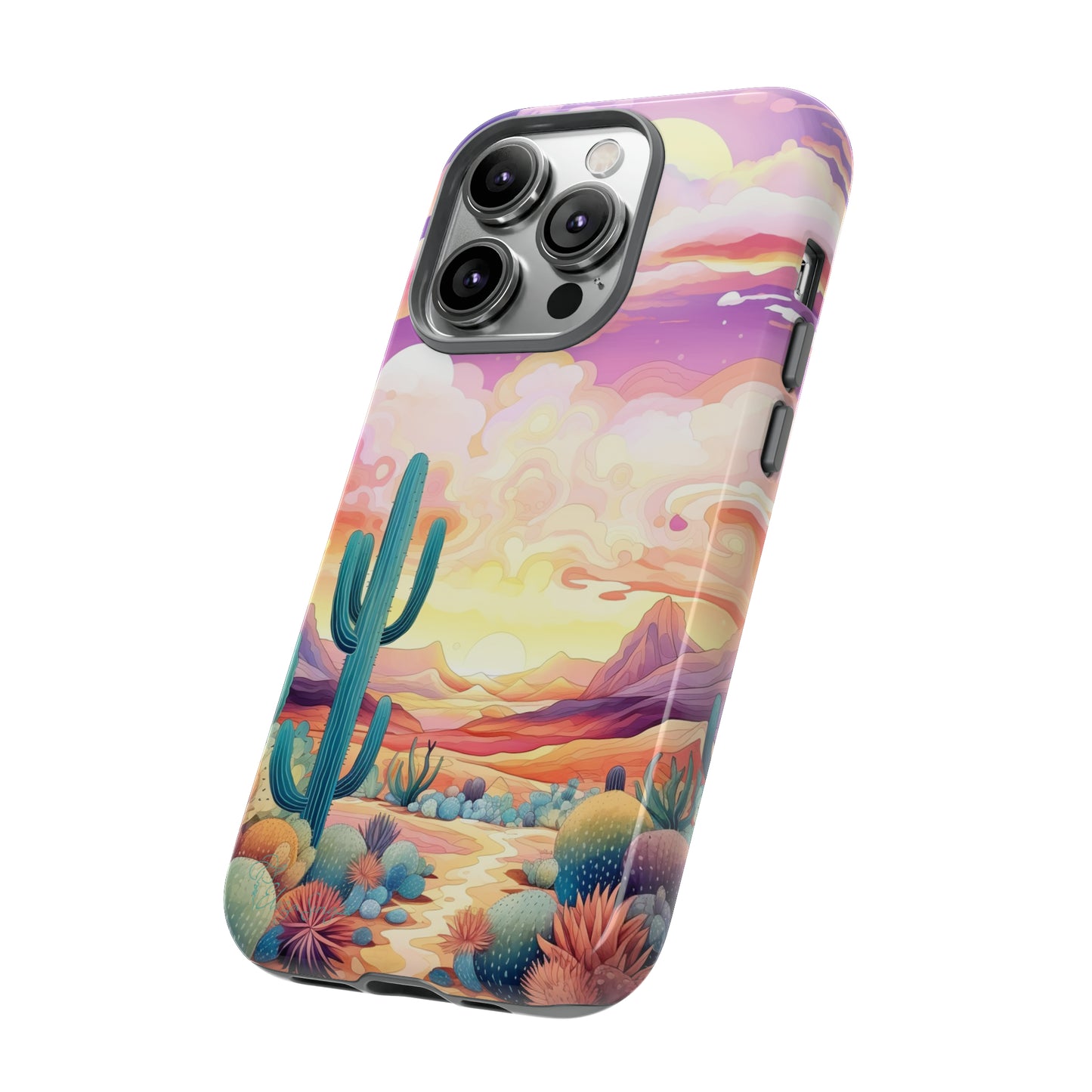 Introducing our Western Tough Cell Phone Case: Psychedelic Desert Dream Edition! Step into a surreal world with a psychedelic desert landscape, dreamy sky, and cactus. This case combines rugged protection with a touch of otherworldly charm.