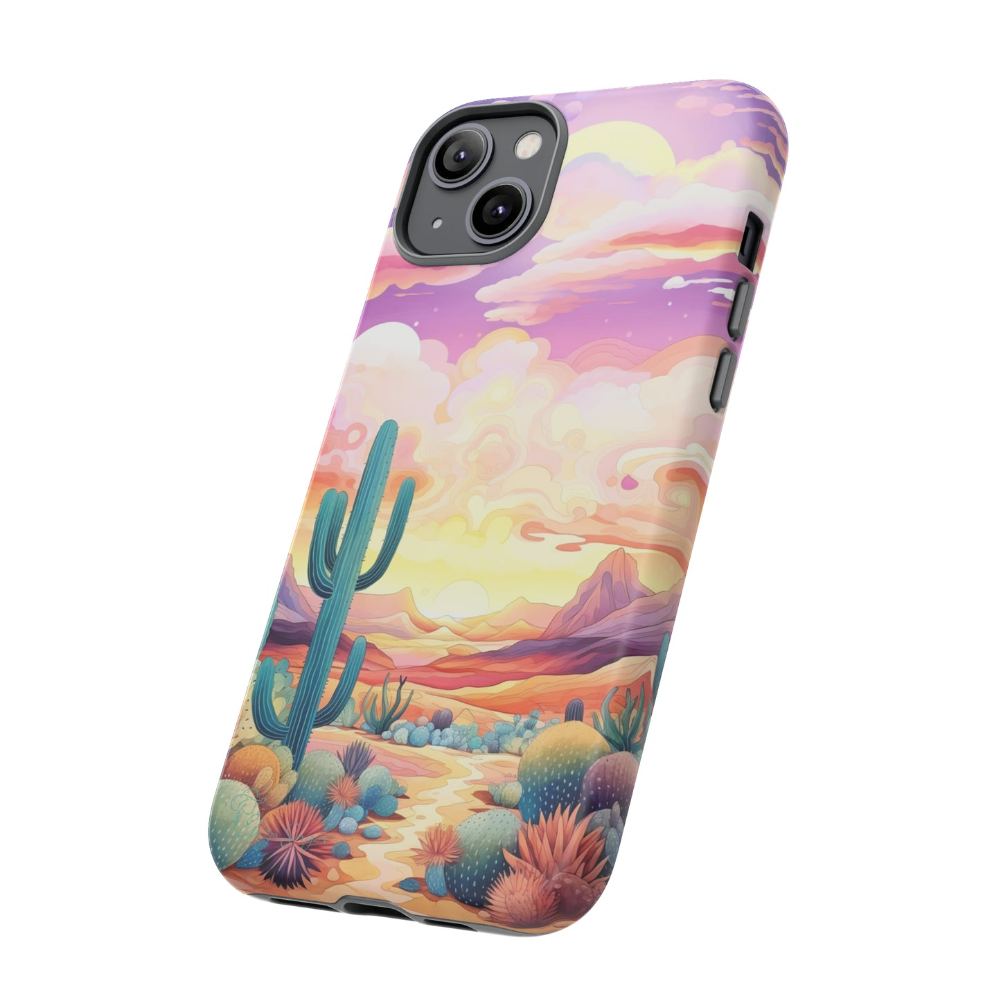 Introducing our Western Tough Cell Phone Case: Psychedelic Desert Dream Edition! Step into a surreal world with a psychedelic desert landscape, dreamy sky, and cactus. This case combines rugged protection with a touch of otherworldly charm.