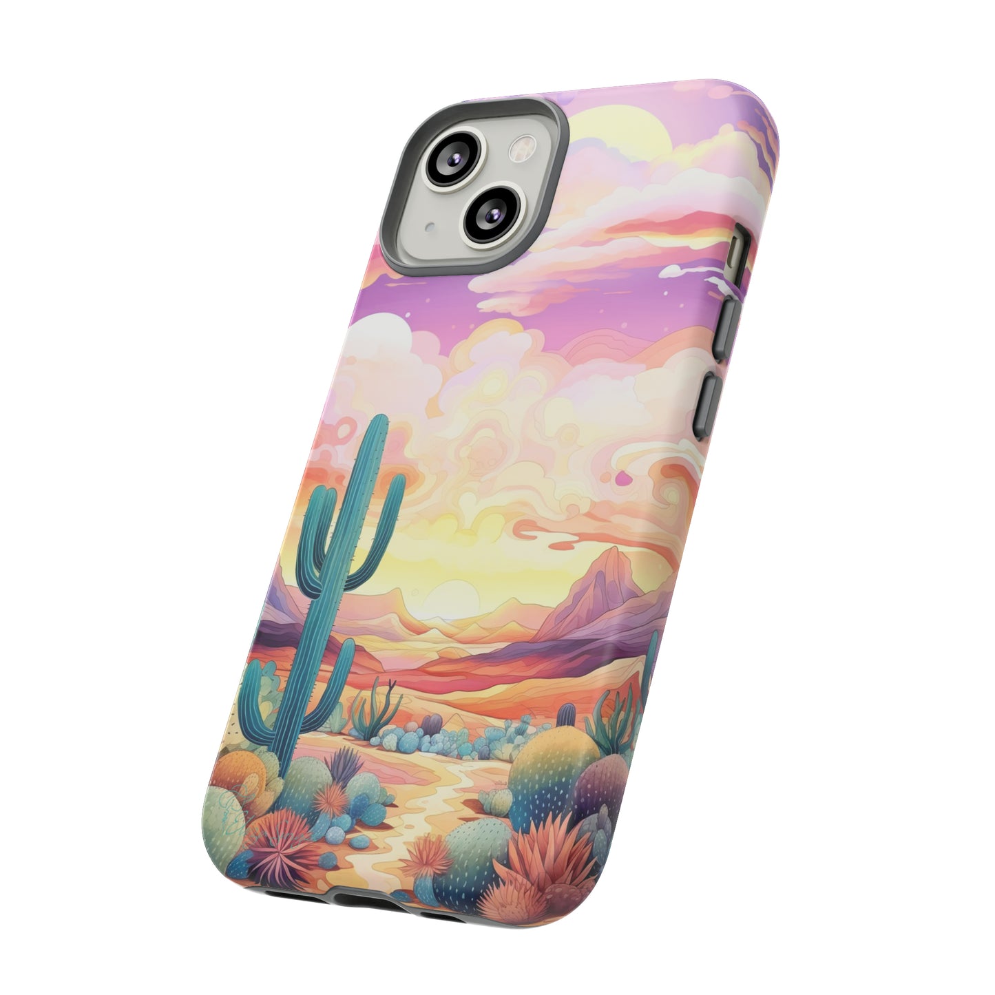 Introducing our Western Tough Cell Phone Case: Psychedelic Desert Dream Edition! Step into a surreal world with a psychedelic desert landscape, dreamy sky, and cactus. This case combines rugged protection with a touch of otherworldly charm.