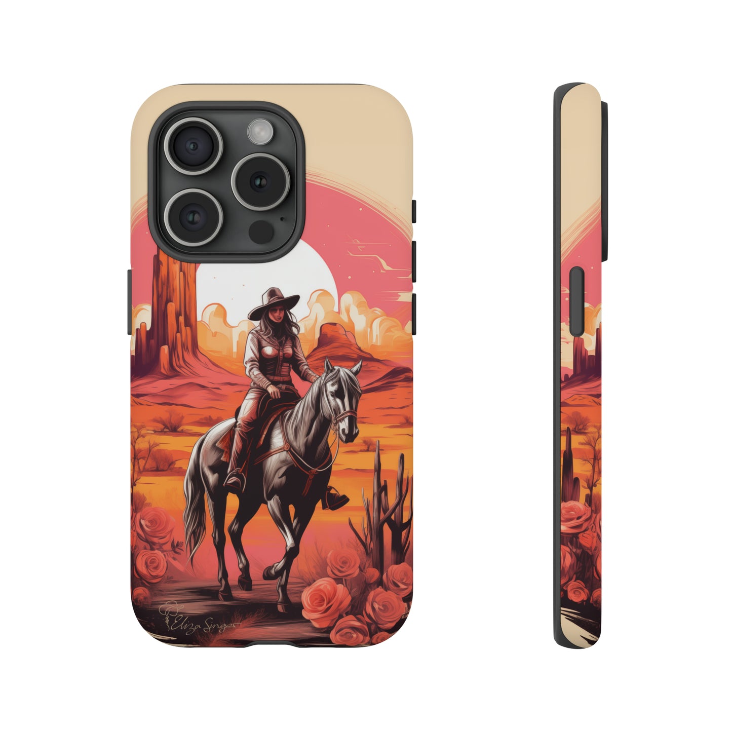 Feminine Adventure Unleashed: Introducing our Tough Western Cell Phone Case, adorned with a stunning design of a cowgirl riding a horse through the desert, surrounded by shades of coral. This unique edition seamlessly combines rugged protection with a touch of feminine flair. Elevate your style with a dash of adventurous charm. #ElizaSinger #PhoneCase #FeminineAdventure