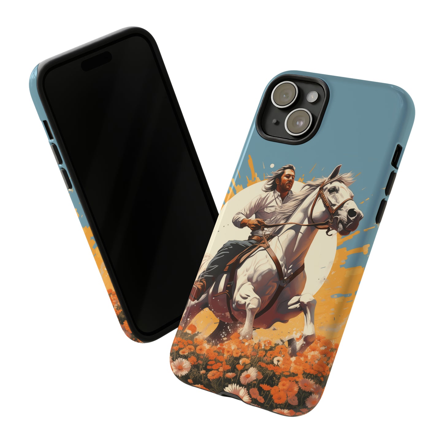 Retro Radiance Unleashed: Behold our Tough Western Cell Phone Case, featuring a vintage white horse and male rider on a vibrant turquoise backdrop. Set in a field of flowers with the sun casting a warm glow, this edition seamlessly blends style with protection. Embrace the past with this retro and stylish accessory. #ElizaSinger #PhoneCase #RetroRadiance