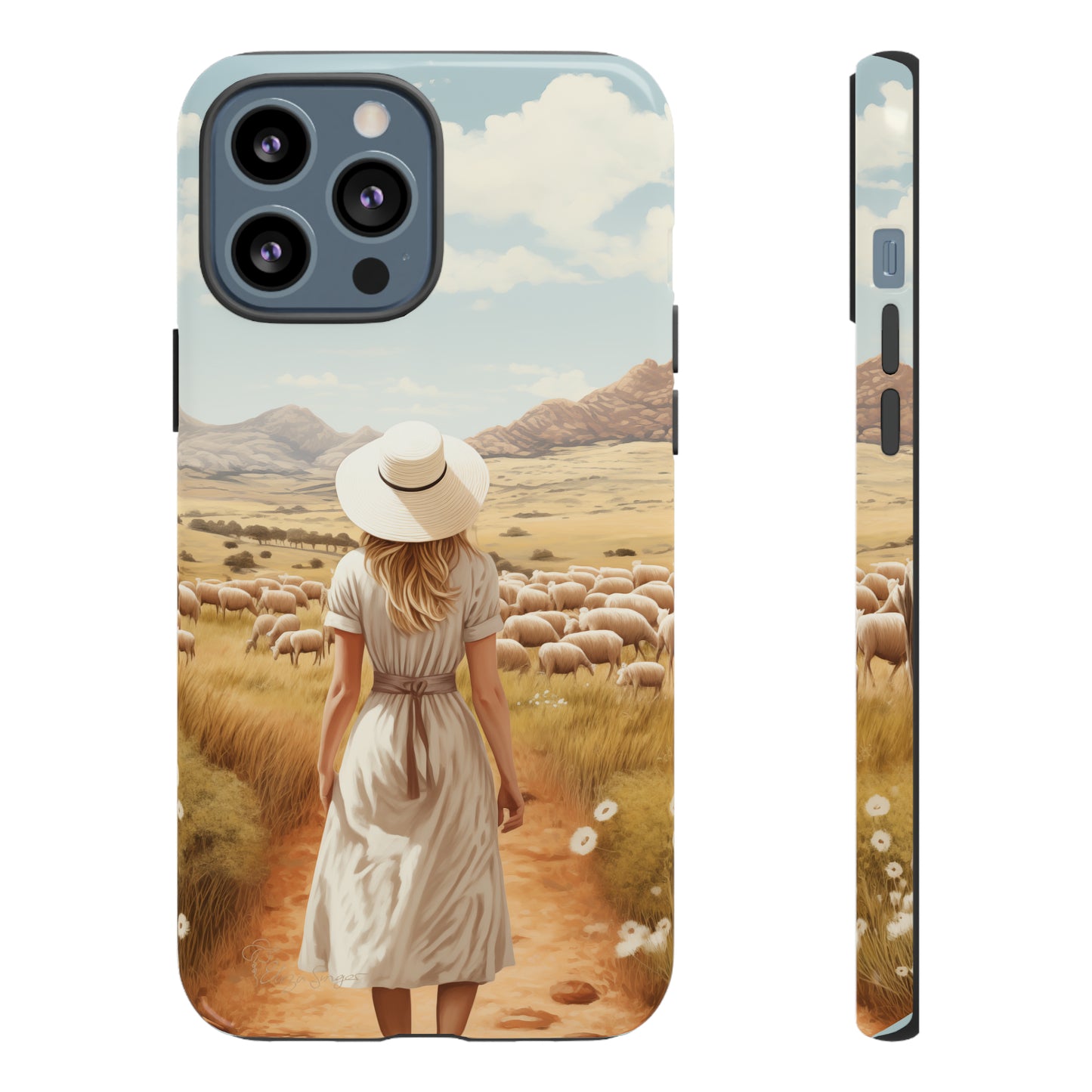 Dreamy Nostalgia: Immerse yourself in a vintage painted landscape with our Tough Western Cell Phone Case. Adorned with a woman in a hat strolling through a prairie with sheep, this edition captures the magic of the past. Elevate your phone with timeless charm. #ElizaSinger #PhoneCase