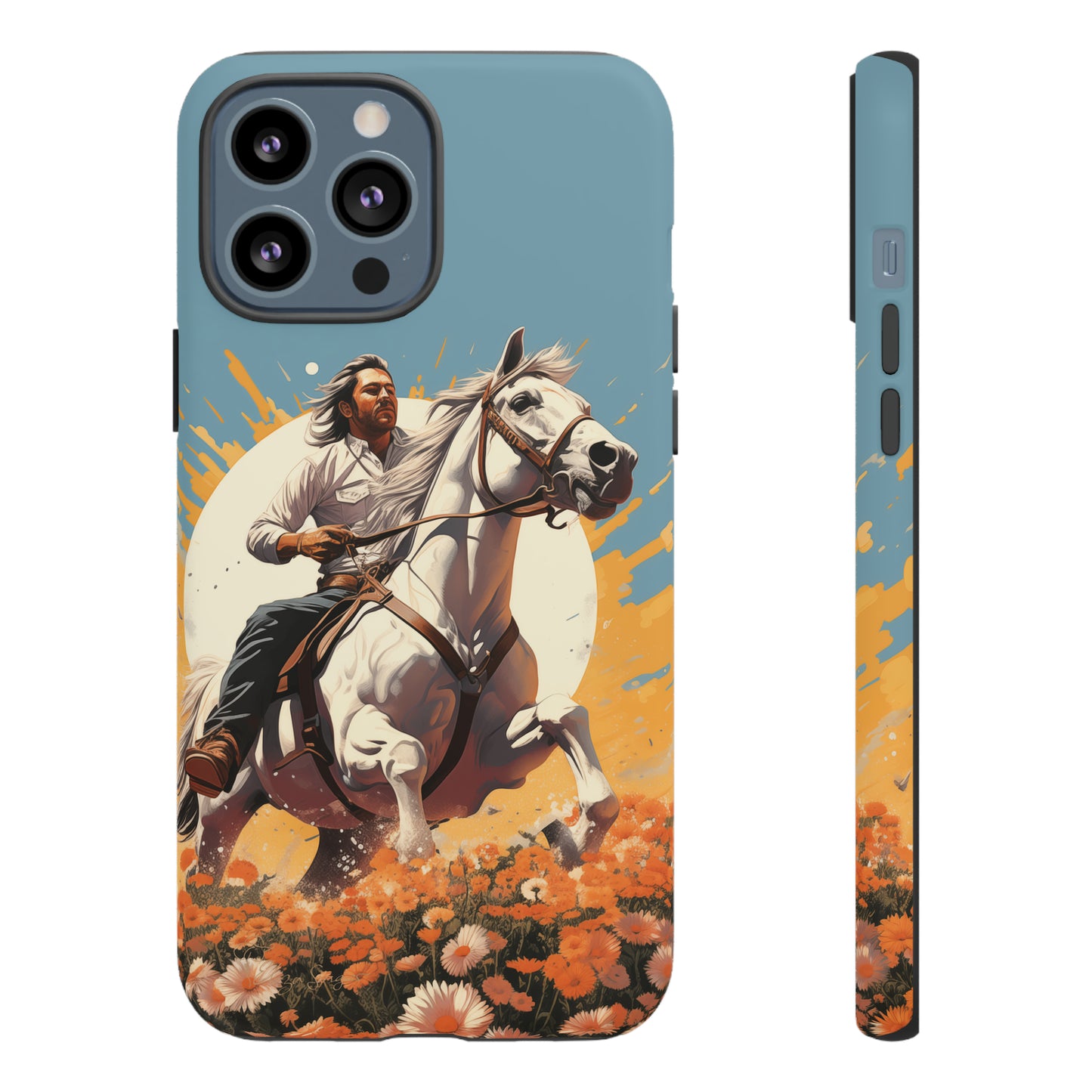 Retro Radiance Unleashed: Behold our Tough Western Cell Phone Case, featuring a vintage white horse and male rider on a vibrant turquoise backdrop. Set in a field of flowers with the sun casting a warm glow, this edition seamlessly blends style with protection. Embrace the past with this retro and stylish accessory. #ElizaSinger #PhoneCase #RetroRadiance