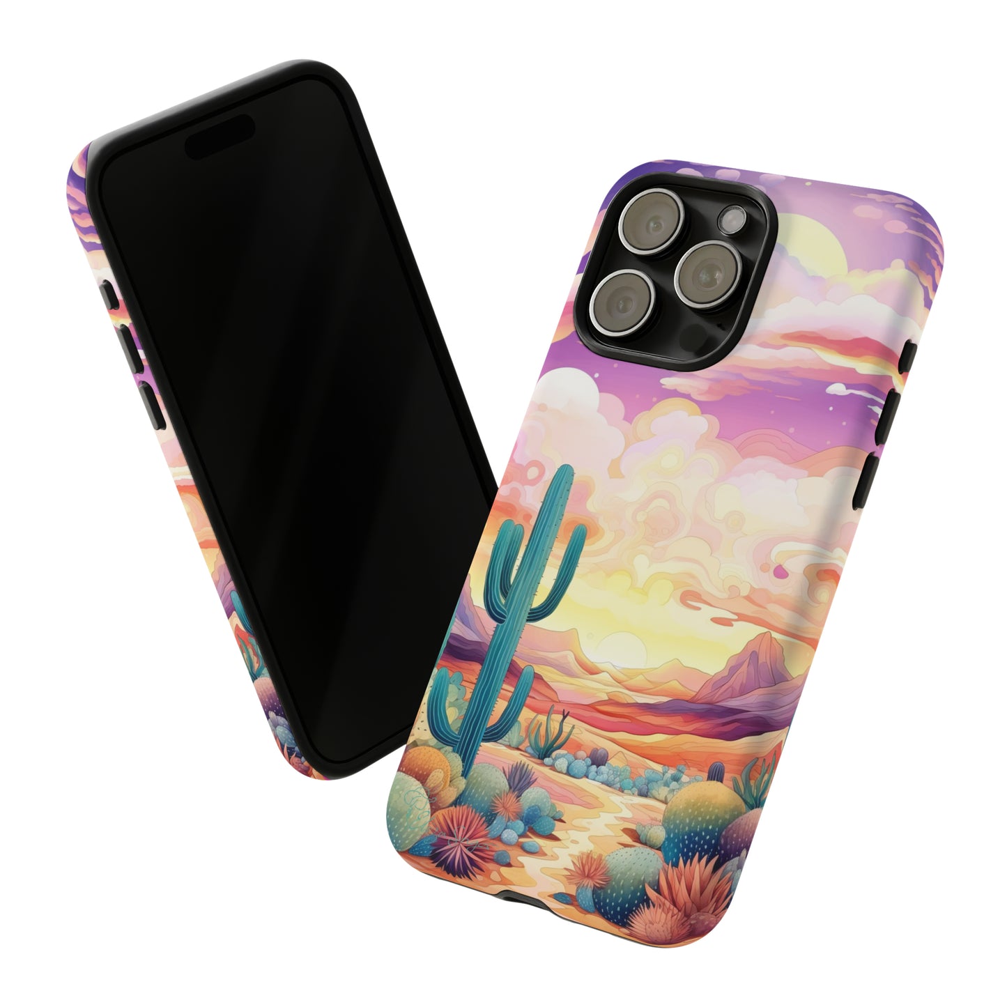 Introducing our Western Tough Cell Phone Case: Psychedelic Desert Dream Edition! Step into a surreal world with a psychedelic desert landscape, dreamy sky, and cactus. This case combines rugged protection with a touch of otherworldly charm.