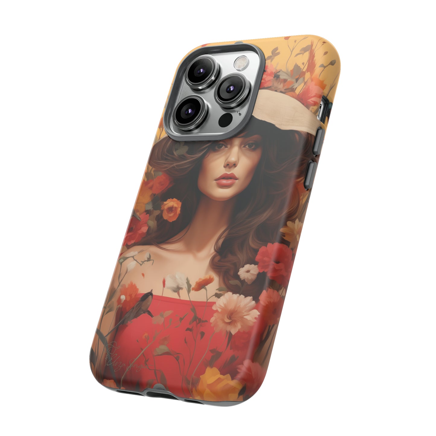 Bask in Sunshine: Embrace the warmth with our Tough Cell Phone Case. A yellow backdrop and a woman in a hat surrounded by flowers create a radiant design. Experience the perfect blend of style and protection, bringing sunshine into your everyday. Elevate your phone with a burst of brightness. #ElizaSinger #PhoneCase #SunshineRadiance
