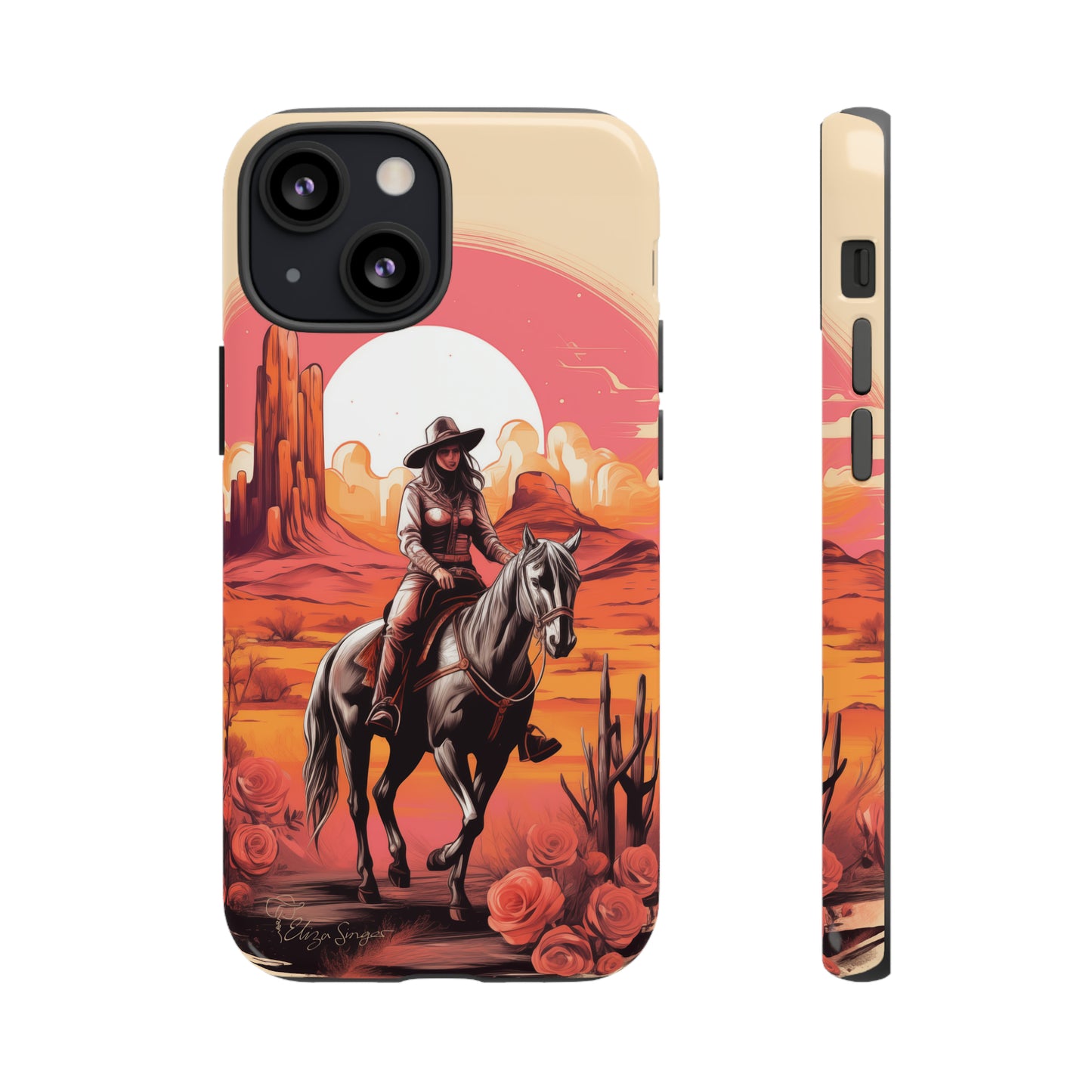 Feminine Adventure Unleashed: Introducing our Tough Western Cell Phone Case, adorned with a stunning design of a cowgirl riding a horse through the desert, surrounded by shades of coral. This unique edition seamlessly combines rugged protection with a touch of feminine flair. Elevate your style with a dash of adventurous charm. #ElizaSinger #PhoneCase #FeminineAdventure