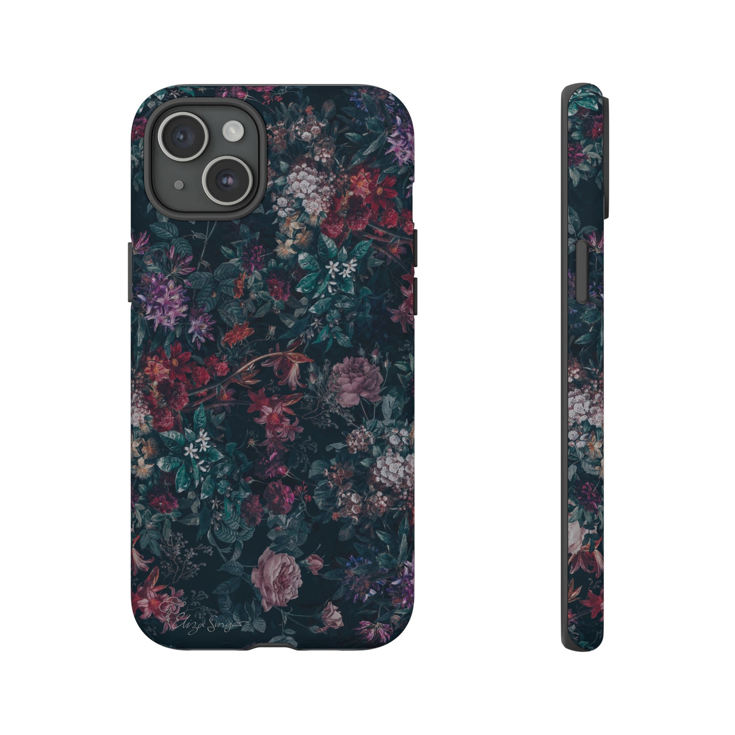 Blooms in Shadows: Botany Floral Dark iPhone Tough Protective Cover. A captivating blend of Flowers in a muted design, compatible with iPhone 15, 14, 13, 12, 11, XS, XR Pro/Max/Mini/P/Plus. Unleash Nature's Elegance with Durability and Style. #ElizaSinger #PhoneCase #FloralDesign