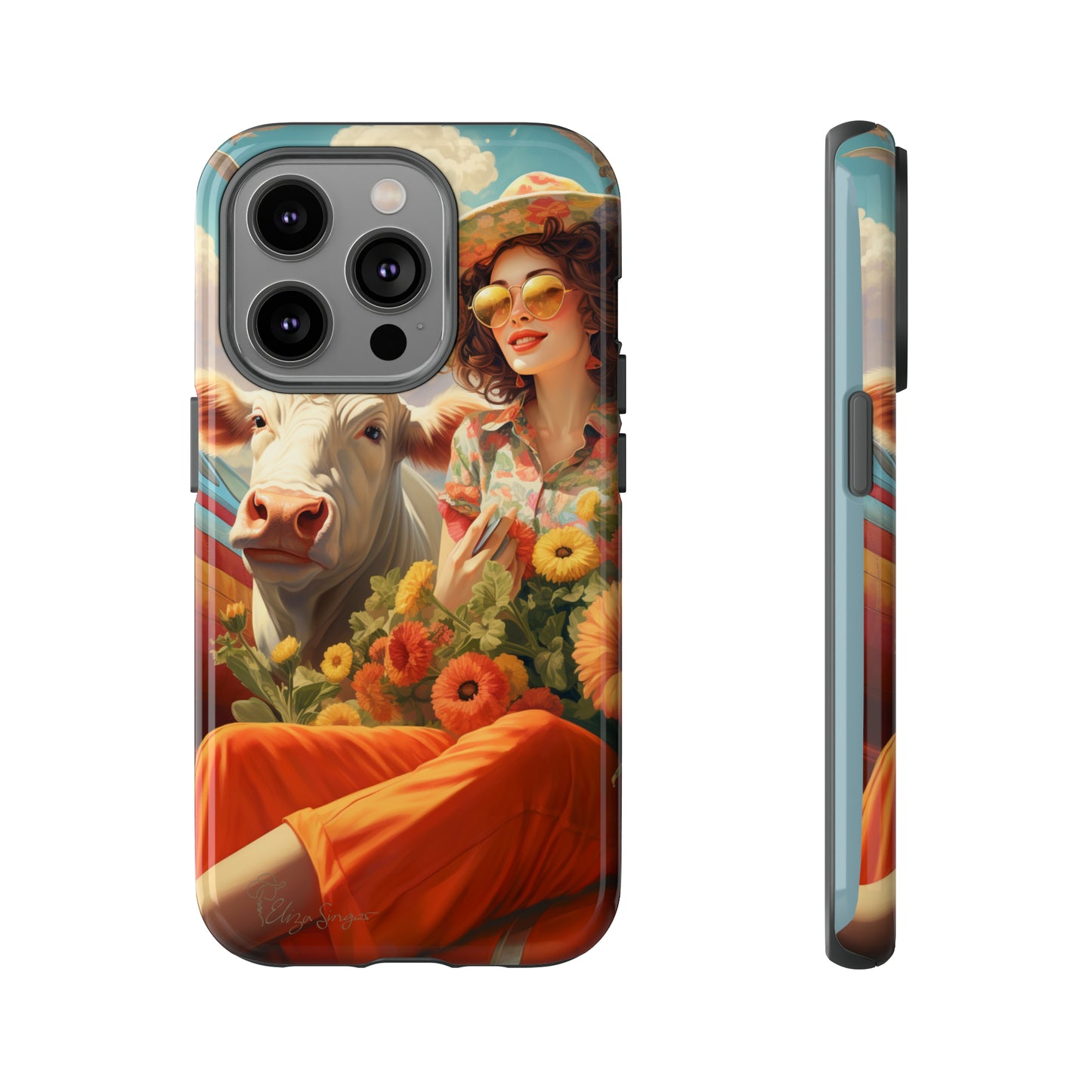 Timeless Retro Charm: Step back in time with our Tough Western Cell Phone Case. Featuring a vintage and bright design, a woman in a hat with daisies is accompanied by a cow looking over her shoulder. Experience the perfect blend of retro aesthetics and durability. Elevate your style with a touch of nostalgia. #ElizaSinger #PhoneCase #RetroStyle