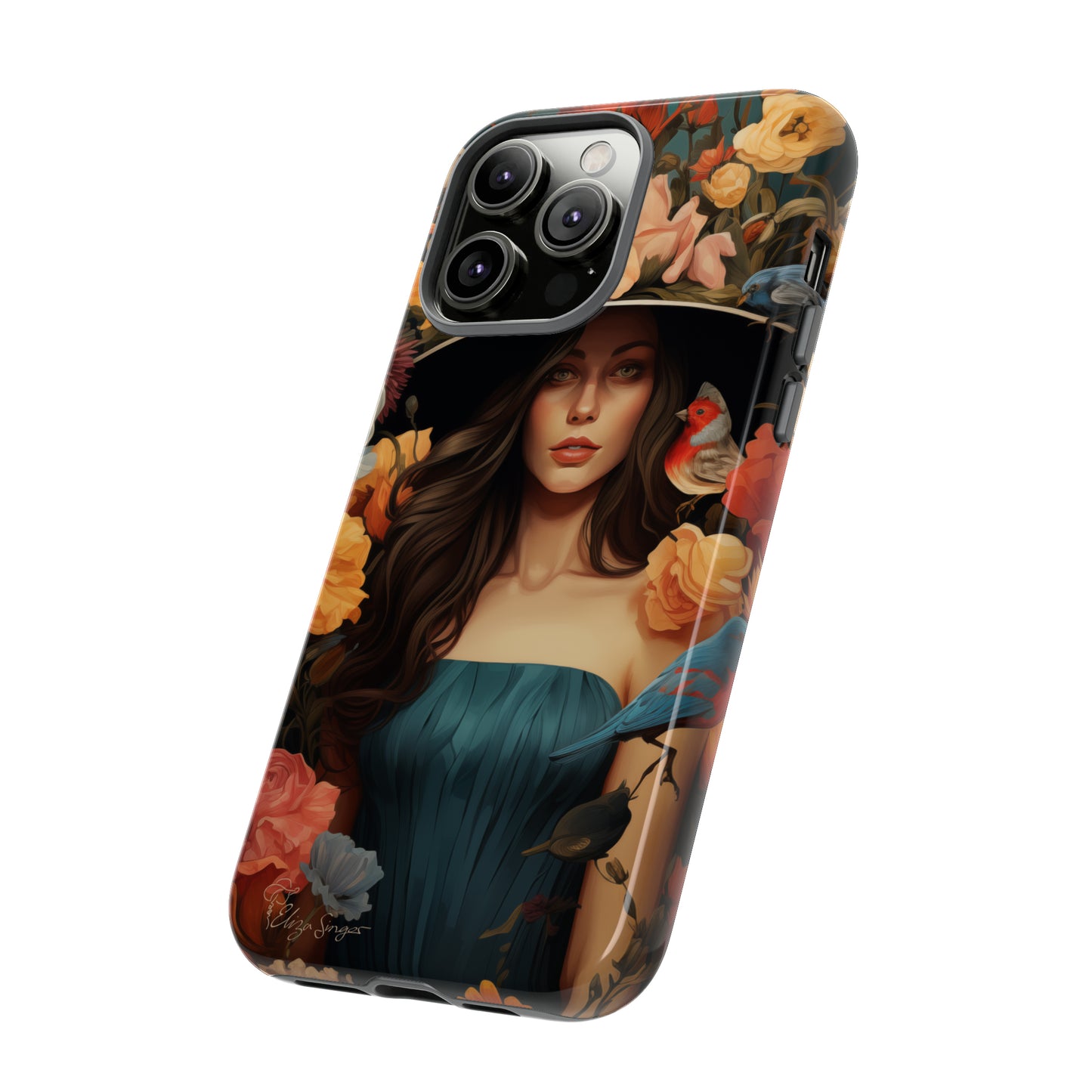 Dark Elegance Unveiled: Explore our Tough Cell Phone Case with a captivating dark background and a woman adorned with a hat amid blooming flowers. This edition seamlessly blends sophistication with robust protection, showcasing the allure of dark elegance. Elevate your style and shield your device. #ElizaSinger #PhoneCase #ElegantProtection