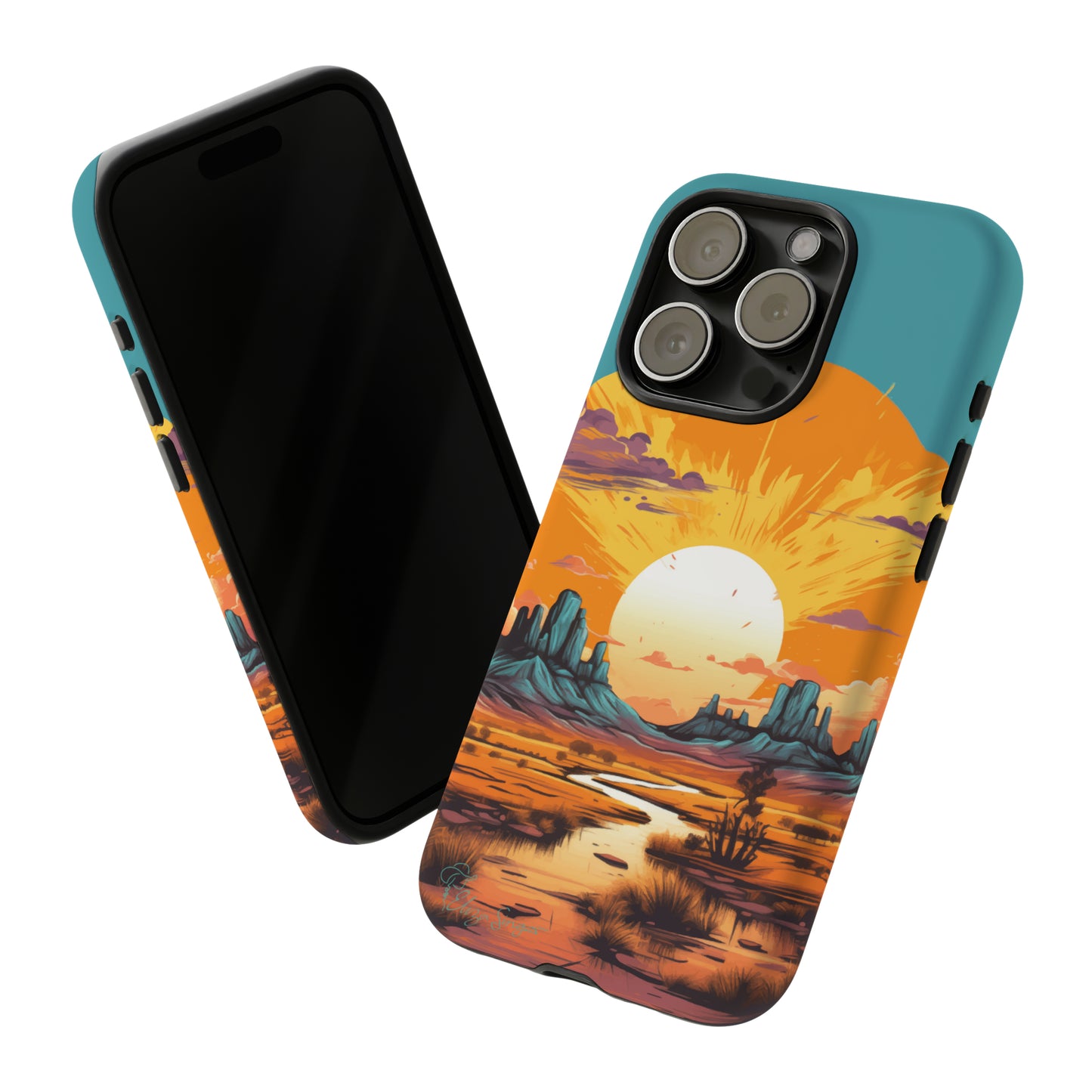 Introducing our Tough Western Cell Phone Case: Turquoise Twilight Oasis Edition! This captivating design showcases a serene landscape with a turquoise background and a mesmerizing setting sun. Enjoy the perfect blend of rugged protection and artistic flair.