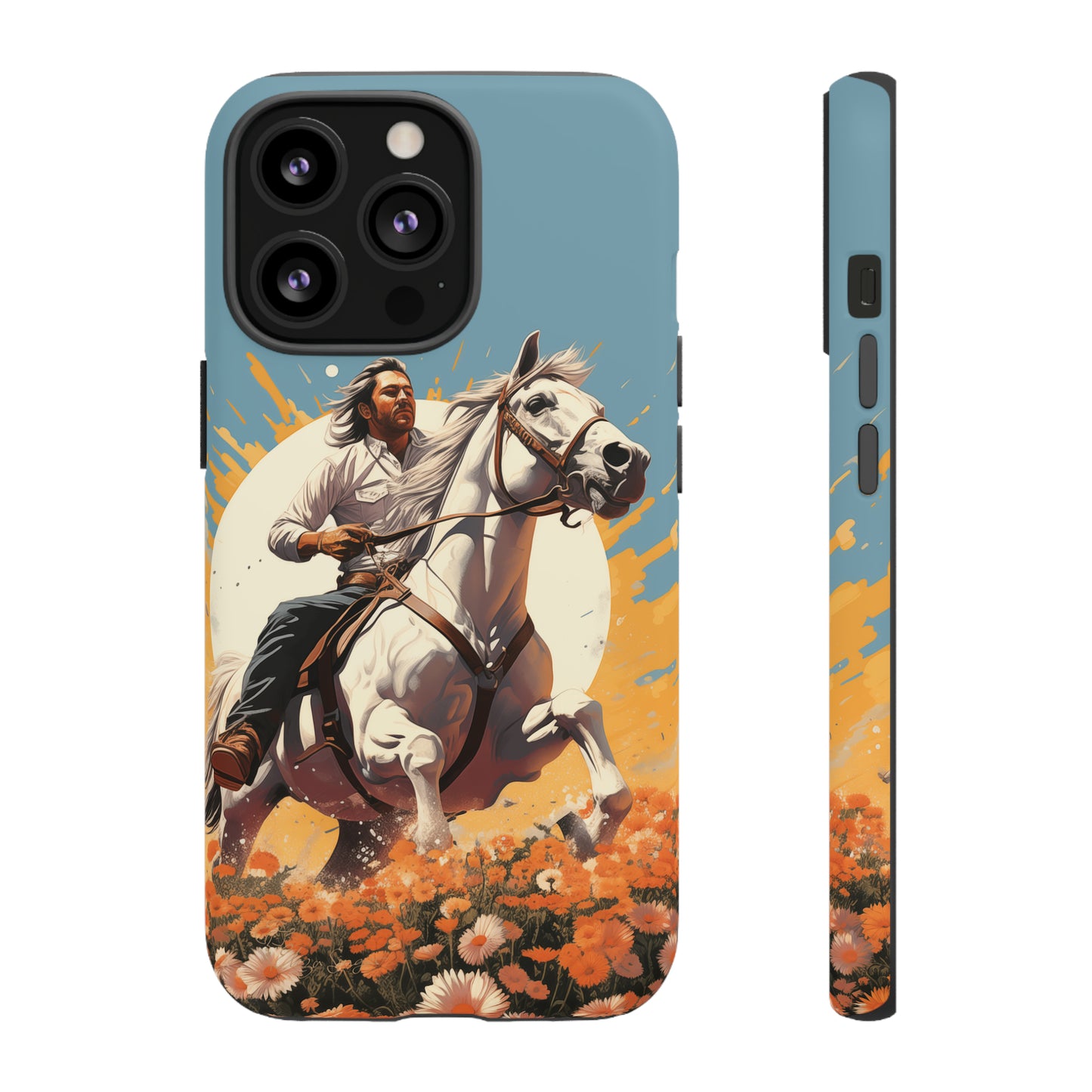 Retro Radiance Unleashed: Behold our Tough Western Cell Phone Case, featuring a vintage white horse and male rider on a vibrant turquoise backdrop. Set in a field of flowers with the sun casting a warm glow, this edition seamlessly blends style with protection. Embrace the past with this retro and stylish accessory. #ElizaSinger #PhoneCase #RetroRadiance