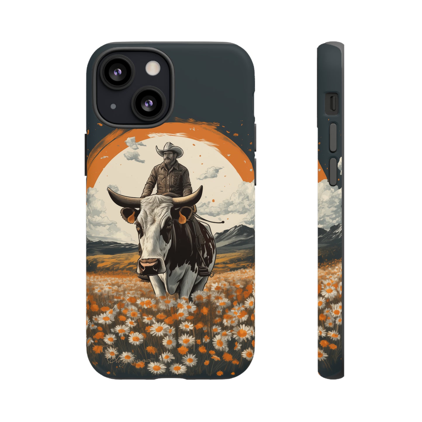 Meet 'Rugged Wrangler': Introducing our Tough Western Cell Phone Case. This unique design seamlessly combines rugged protection with a touch of whimsy, showcasing a fearless cowboy astride a dairy cow amidst a field of vibrant daisies. Elevate your style with this adventurous and protective accessory. #ElizaSinger #PhoneCase #RuggedWrangler