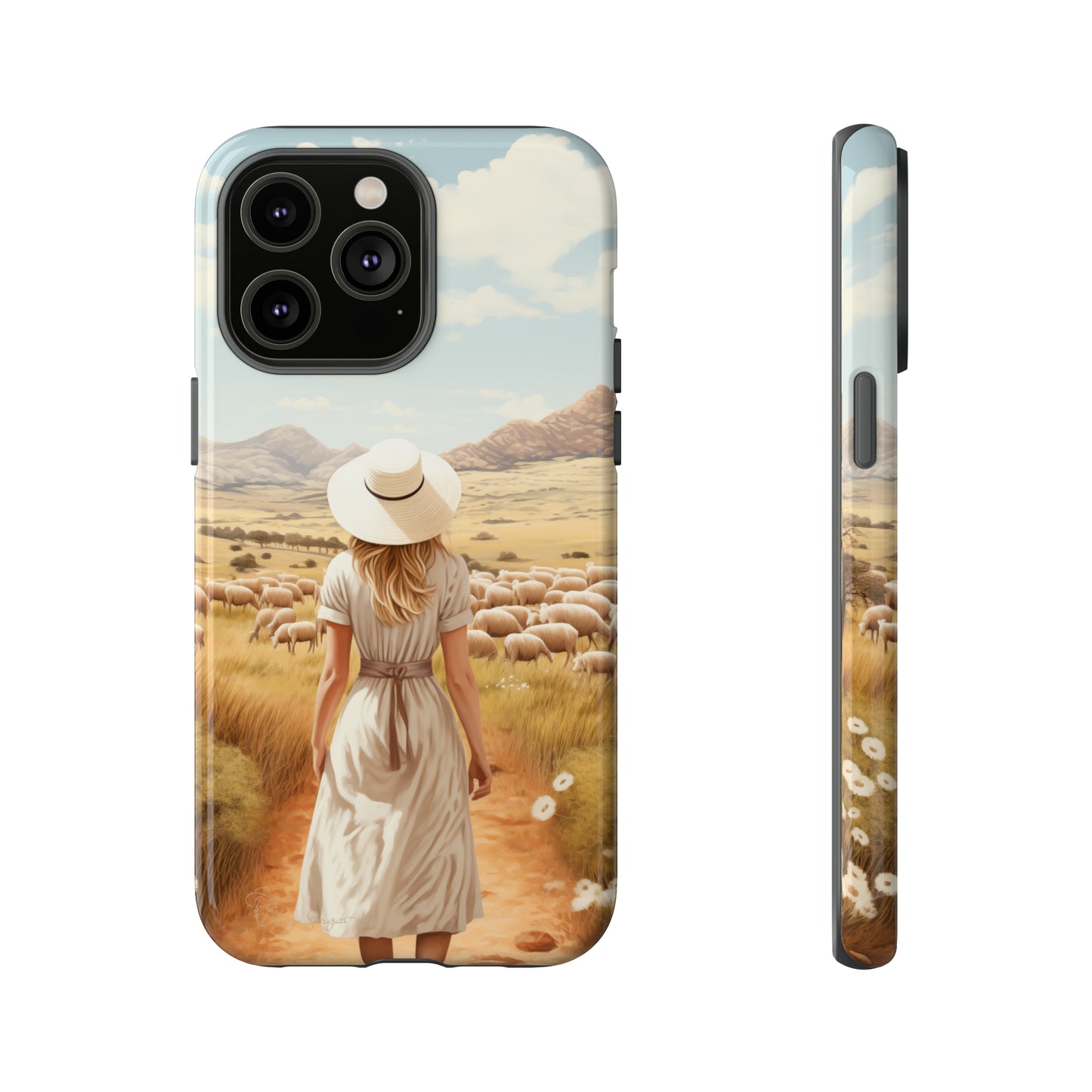 Dreamy Nostalgia: Immerse yourself in a vintage painted landscape with our Tough Western Cell Phone Case. Adorned with a woman in a hat strolling through a prairie with sheep, this edition captures the magic of the past. Elevate your phone with timeless charm. #ElizaSinger #PhoneCase