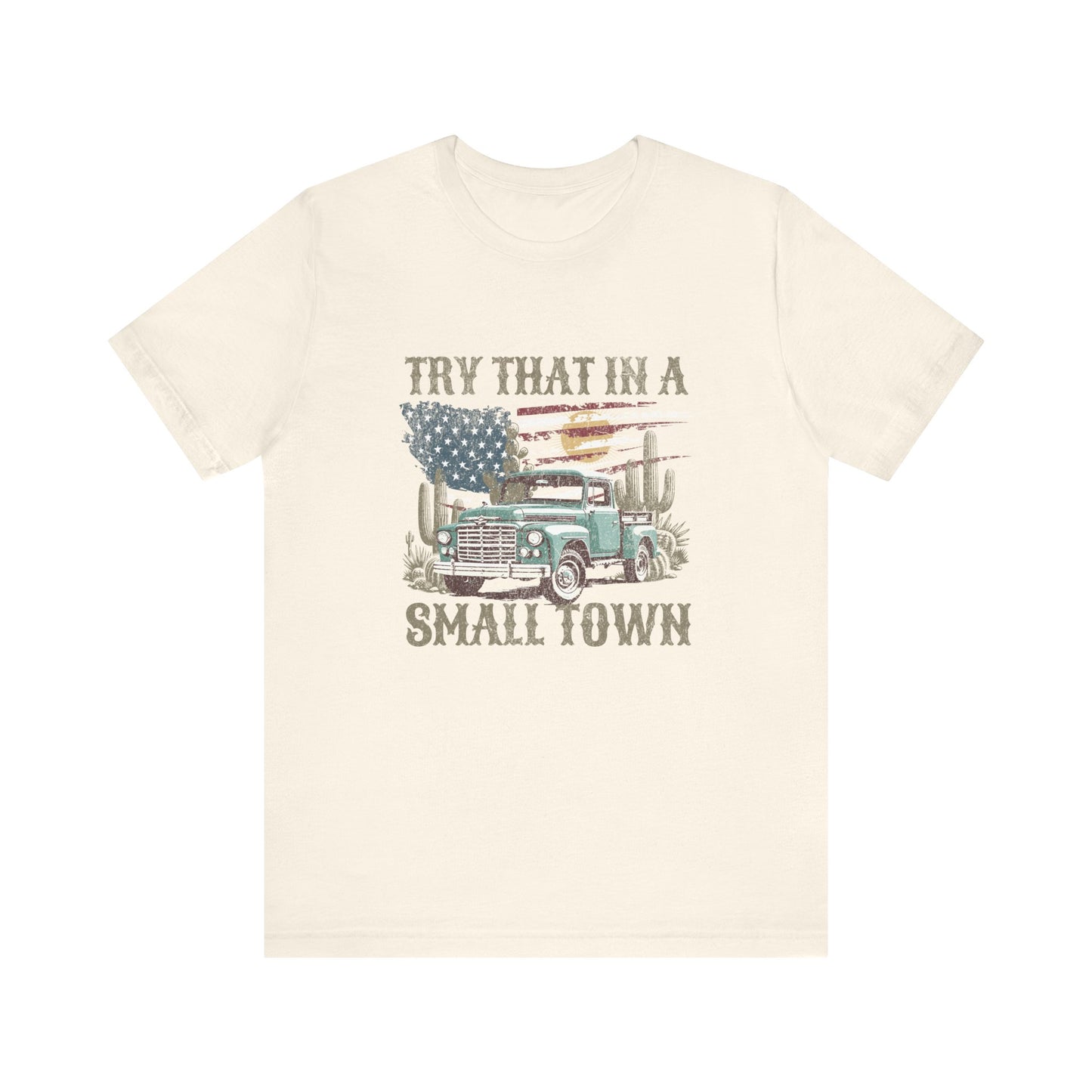 Small Town Pride: Bella Canvas T-shirt with Vintage Pickup and Flag