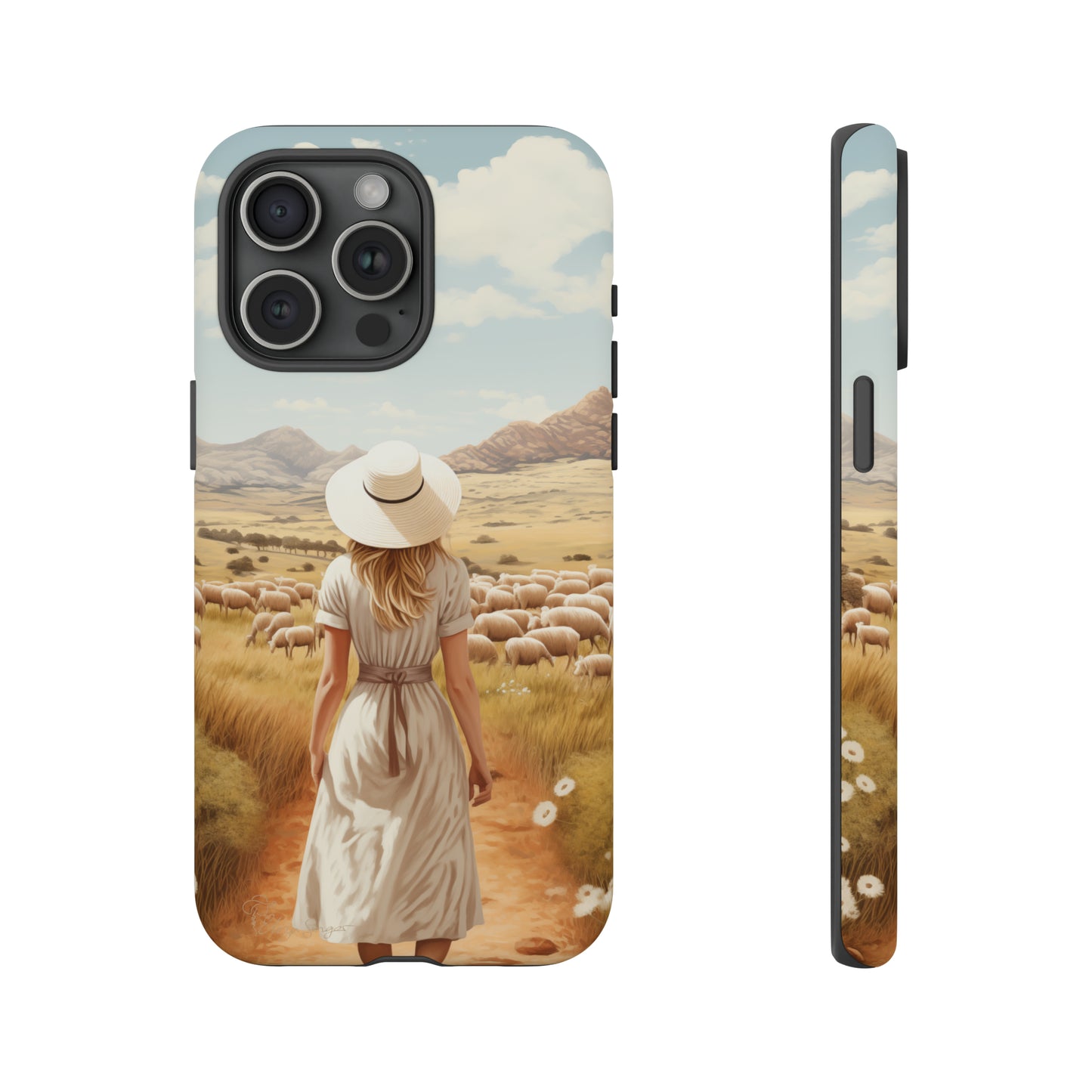 Dreamy Nostalgia: Immerse yourself in a vintage painted landscape with our Tough Western Cell Phone Case. Adorned with a woman in a hat strolling through a prairie with sheep, this edition captures the magic of the past. Elevate your phone with timeless charm. #ElizaSinger #PhoneCase